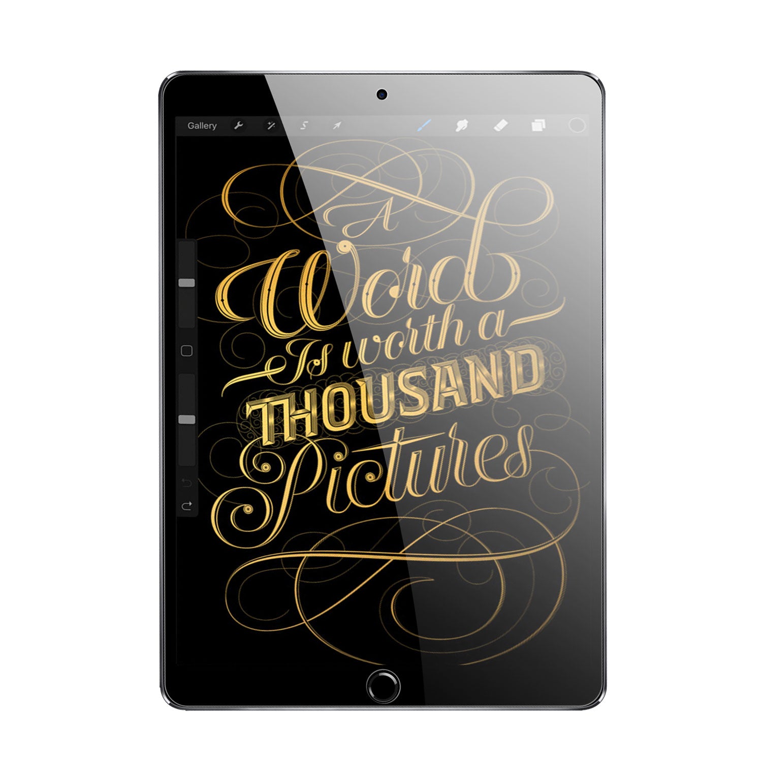 Tablet with gold calligraphy text.