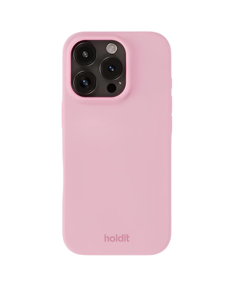 Lyserød mobiltelefon med cover.