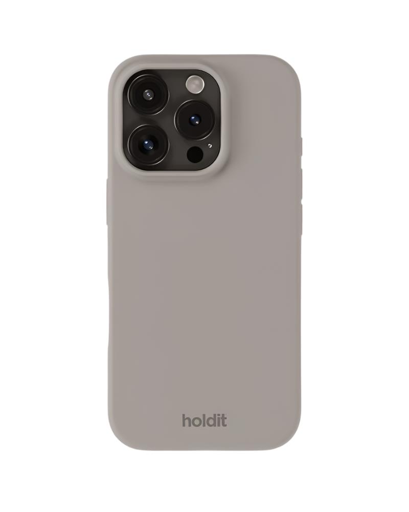 Grå mobiltelefon med etui.