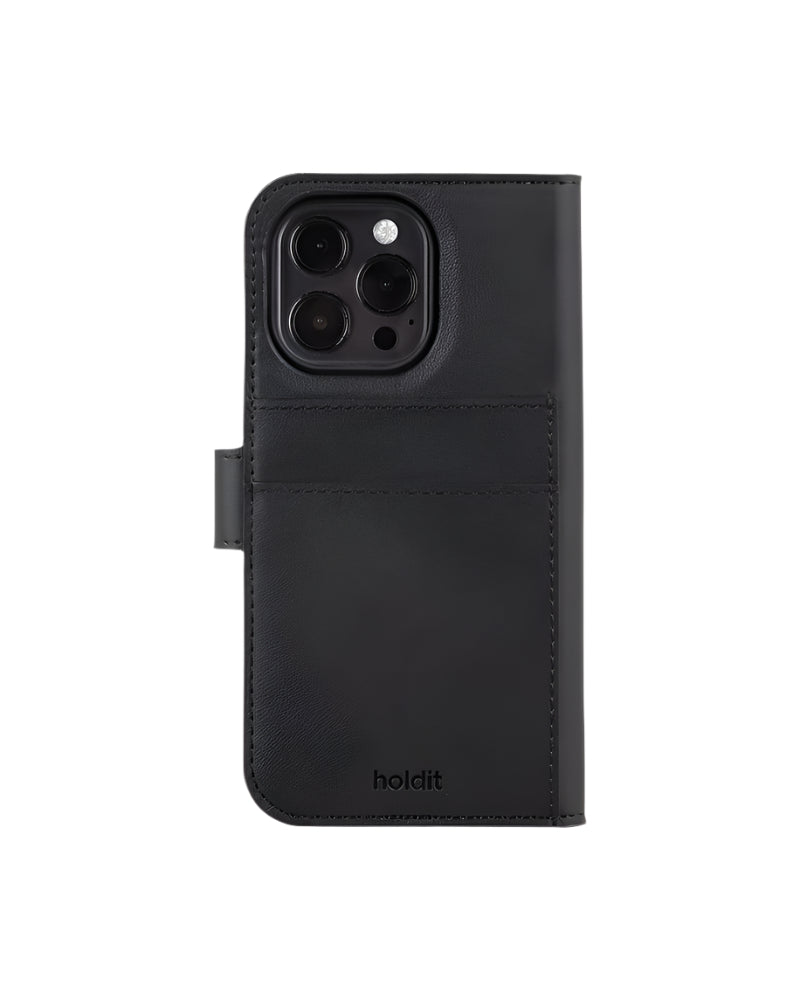 Sort lædertelefonetui med kortlomme.