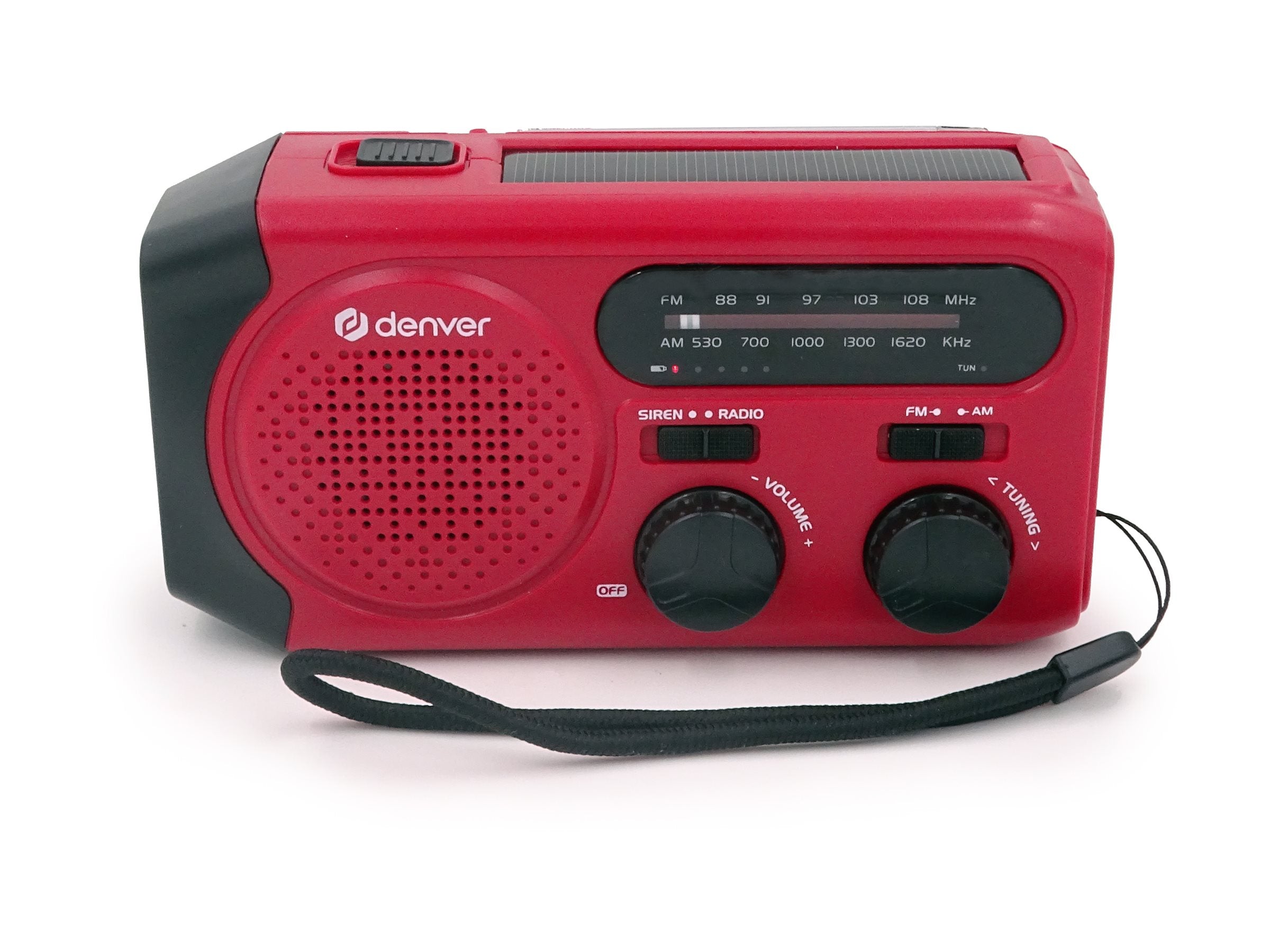 Rød bærbar radio med håndtag.