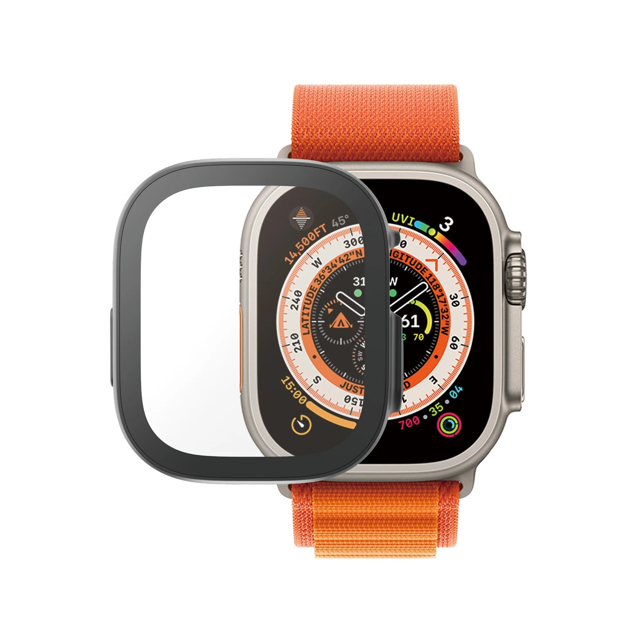 Smartwatch med orange rem og skærmbeskyttelse.