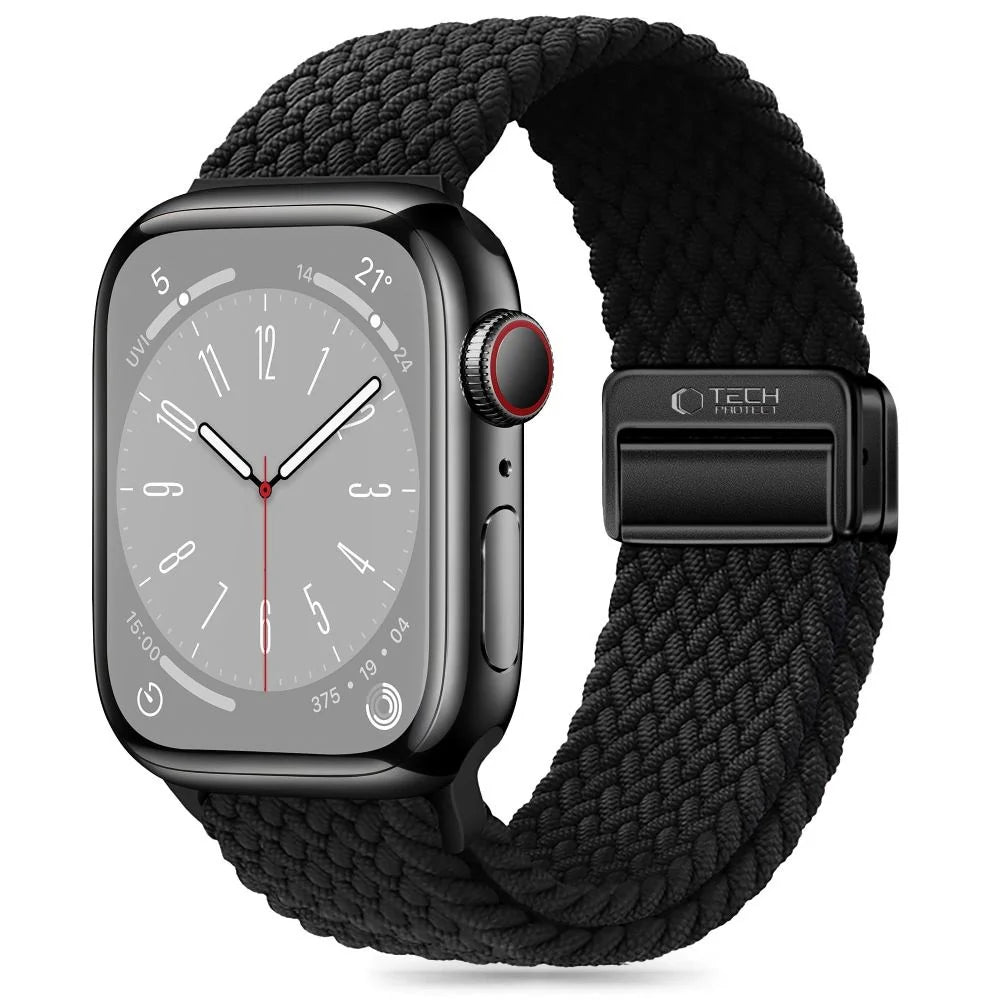 Smartwatch med sort flettet rem.