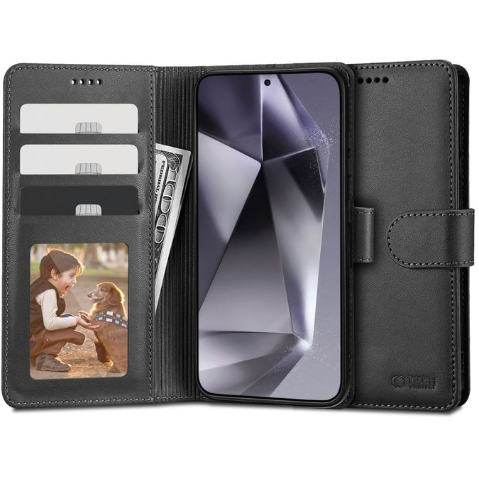 Phone wallet case with cards and photo.