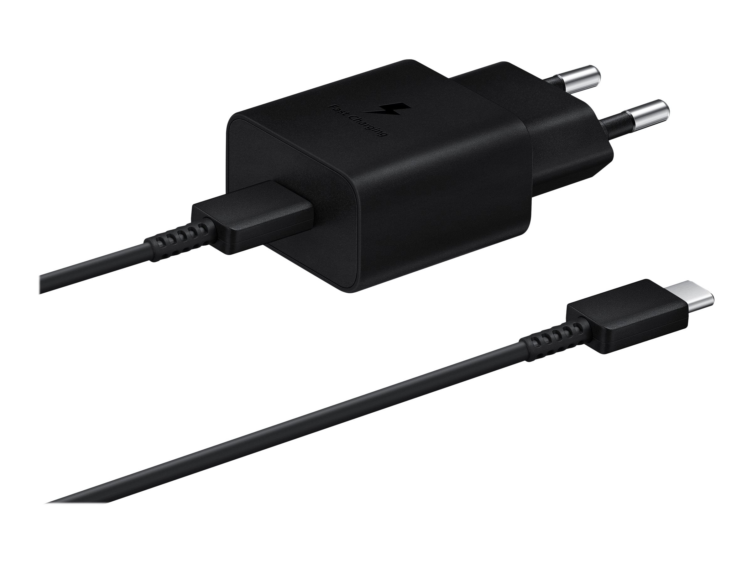 Sort oplader med USB-C kabel.