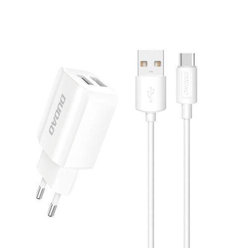 Hvid USB-oplader og kabel.