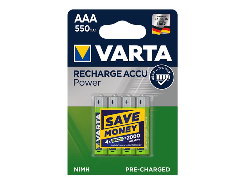 VARTA genopladelige AAA-batterier i emballage.