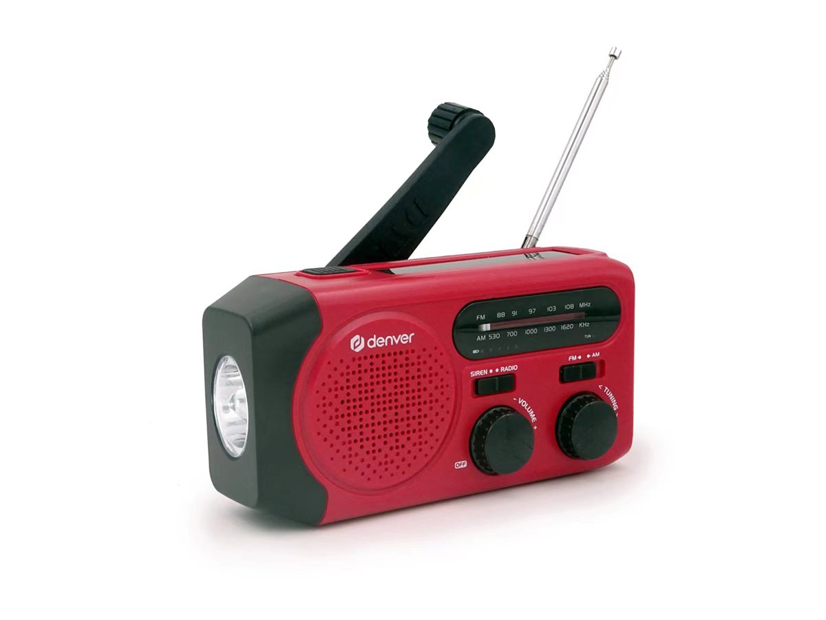 Rød bærbar radio med håndsving og antenne.