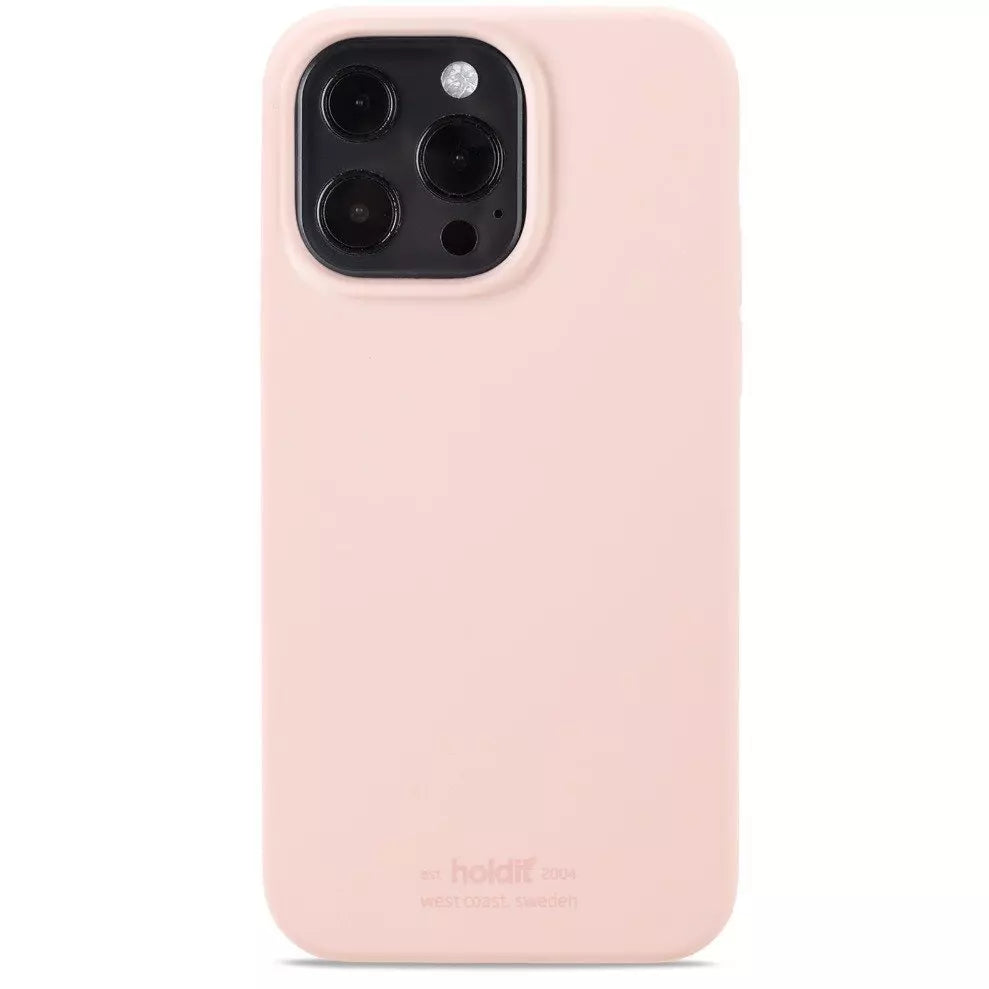 Lyserød mobiltelefon med tre kameraer.