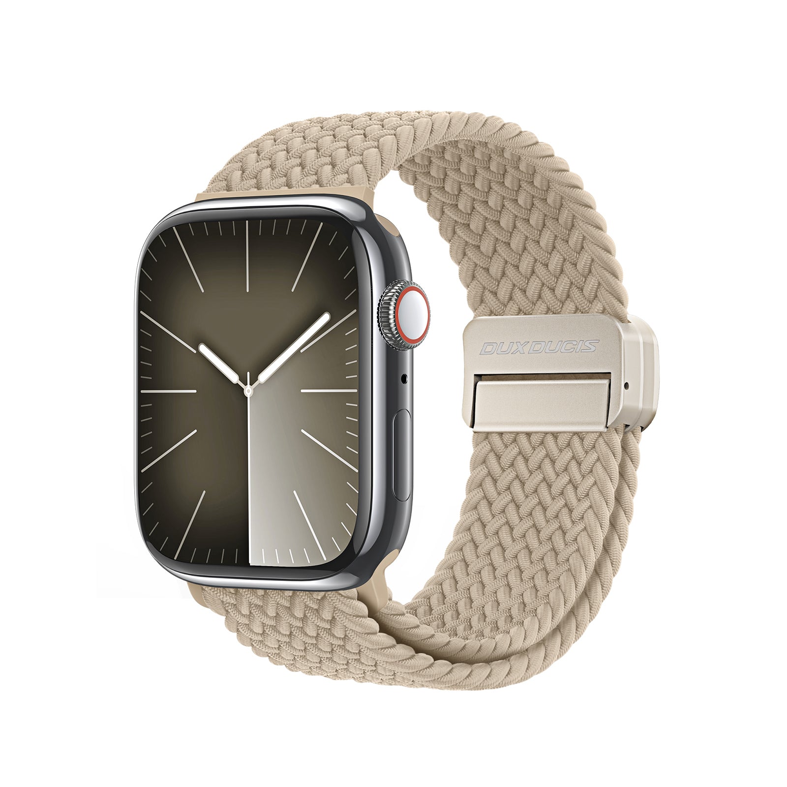 Smartwatch med beige flettet rem.