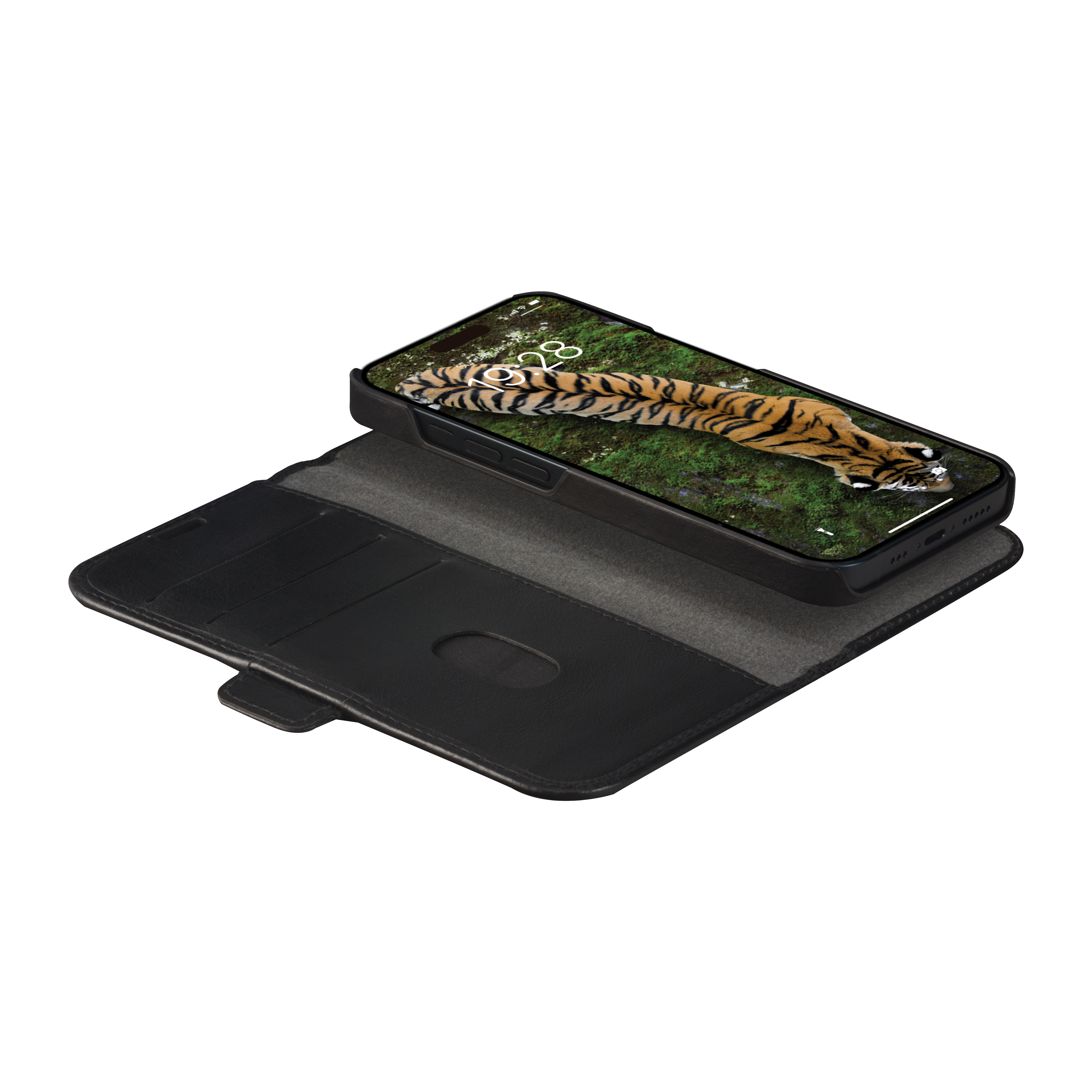 Sort mobilcover med tigerbillede på skærmen.