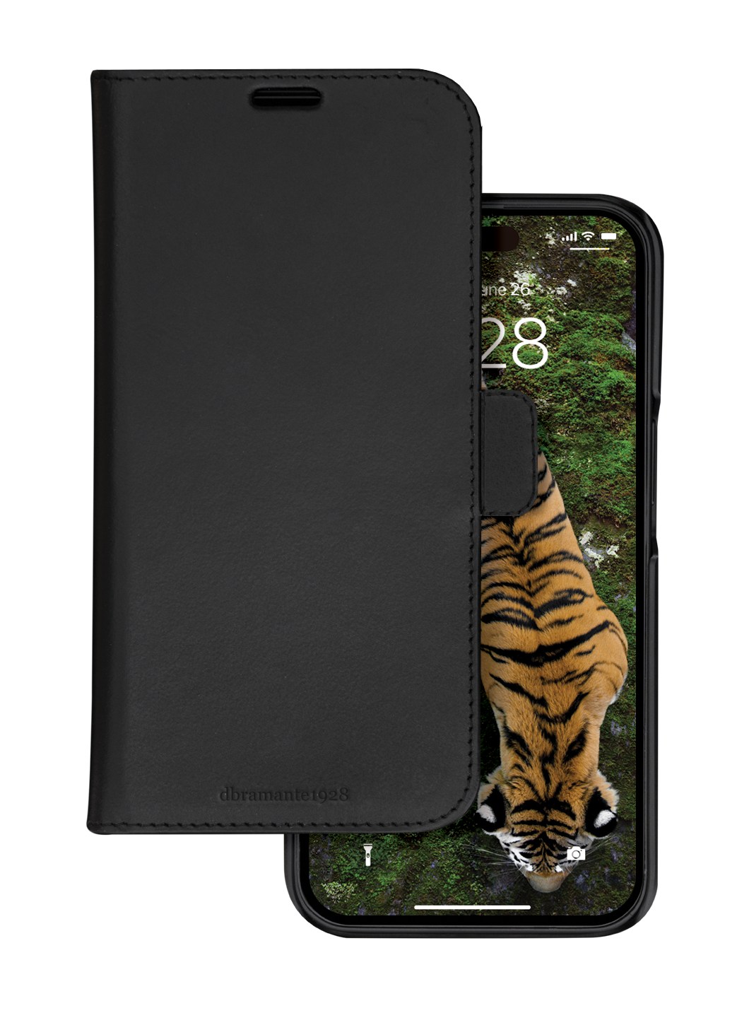 Sort lædertelefonetui med tigerbaggrund.
