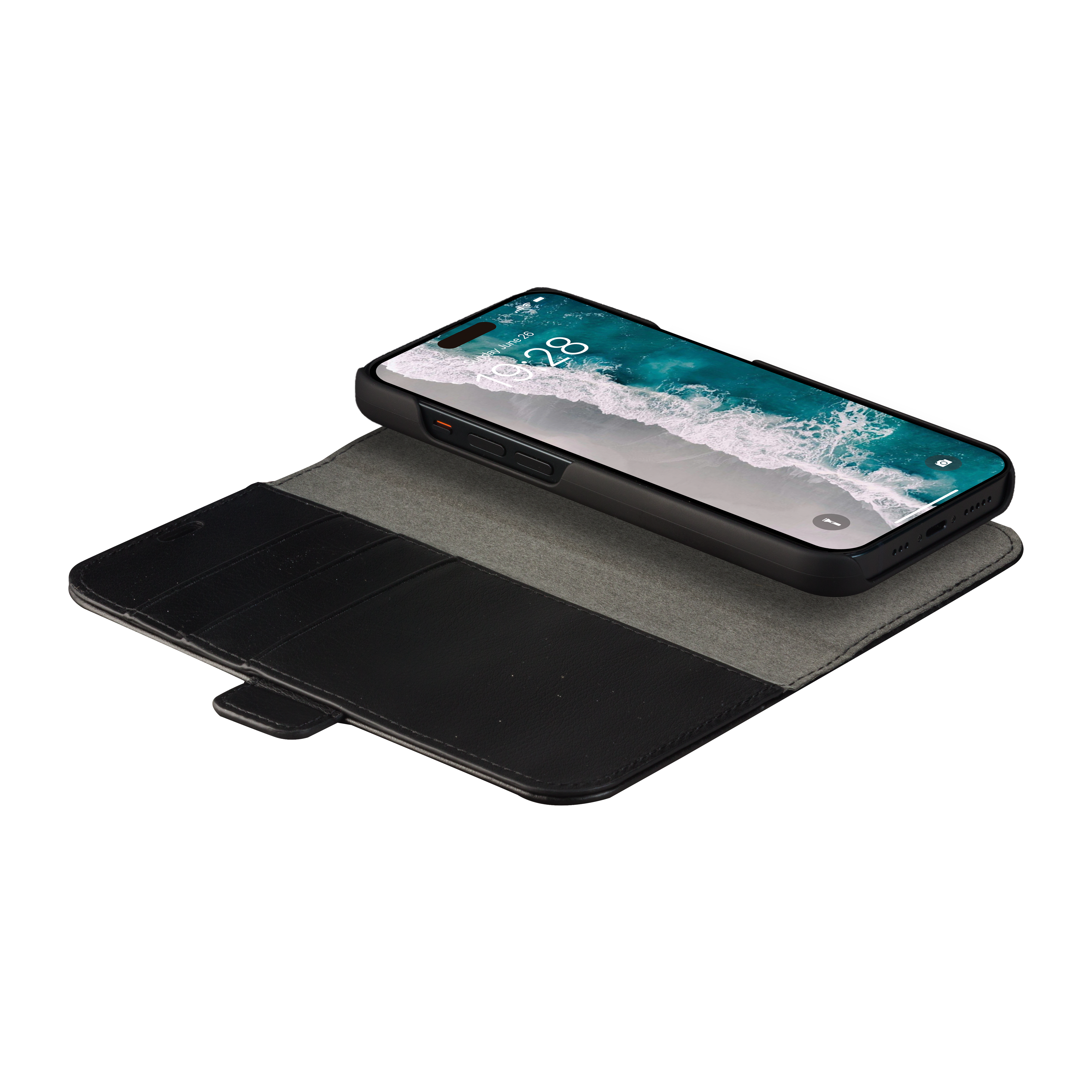 Sort mobilcover med telefon.