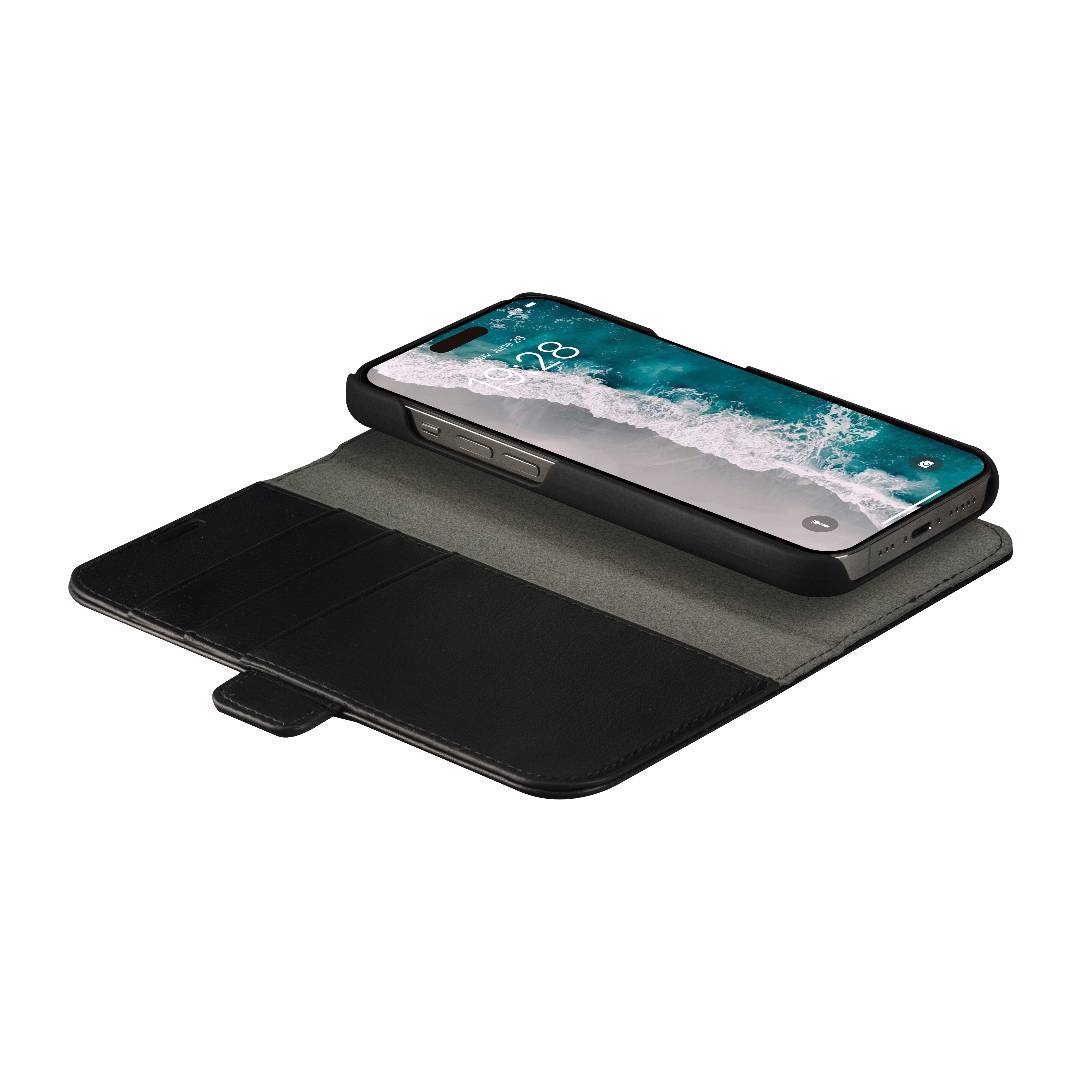 Sort lædertelefonetui med smartphone.