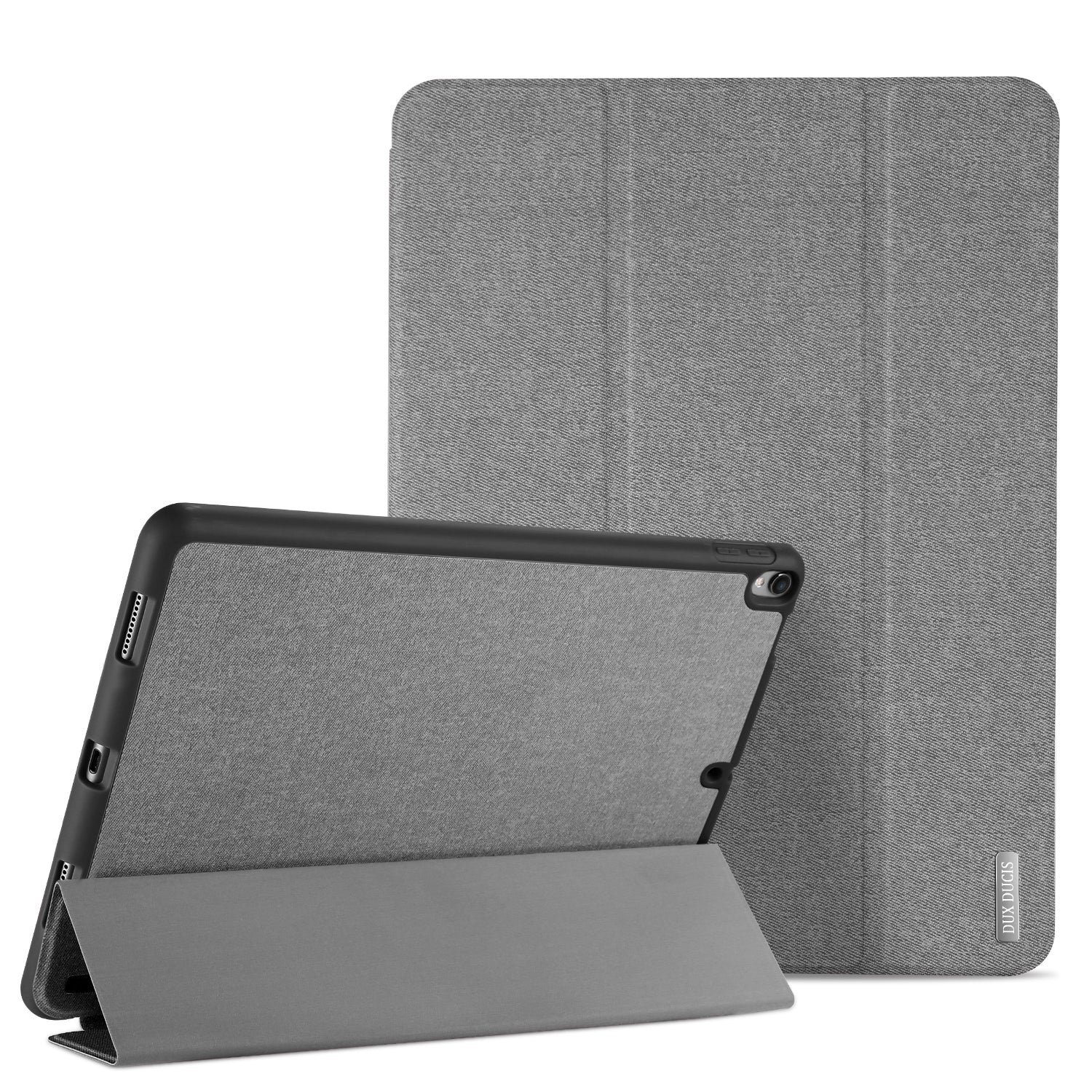 Grå tablet-etui med stander.