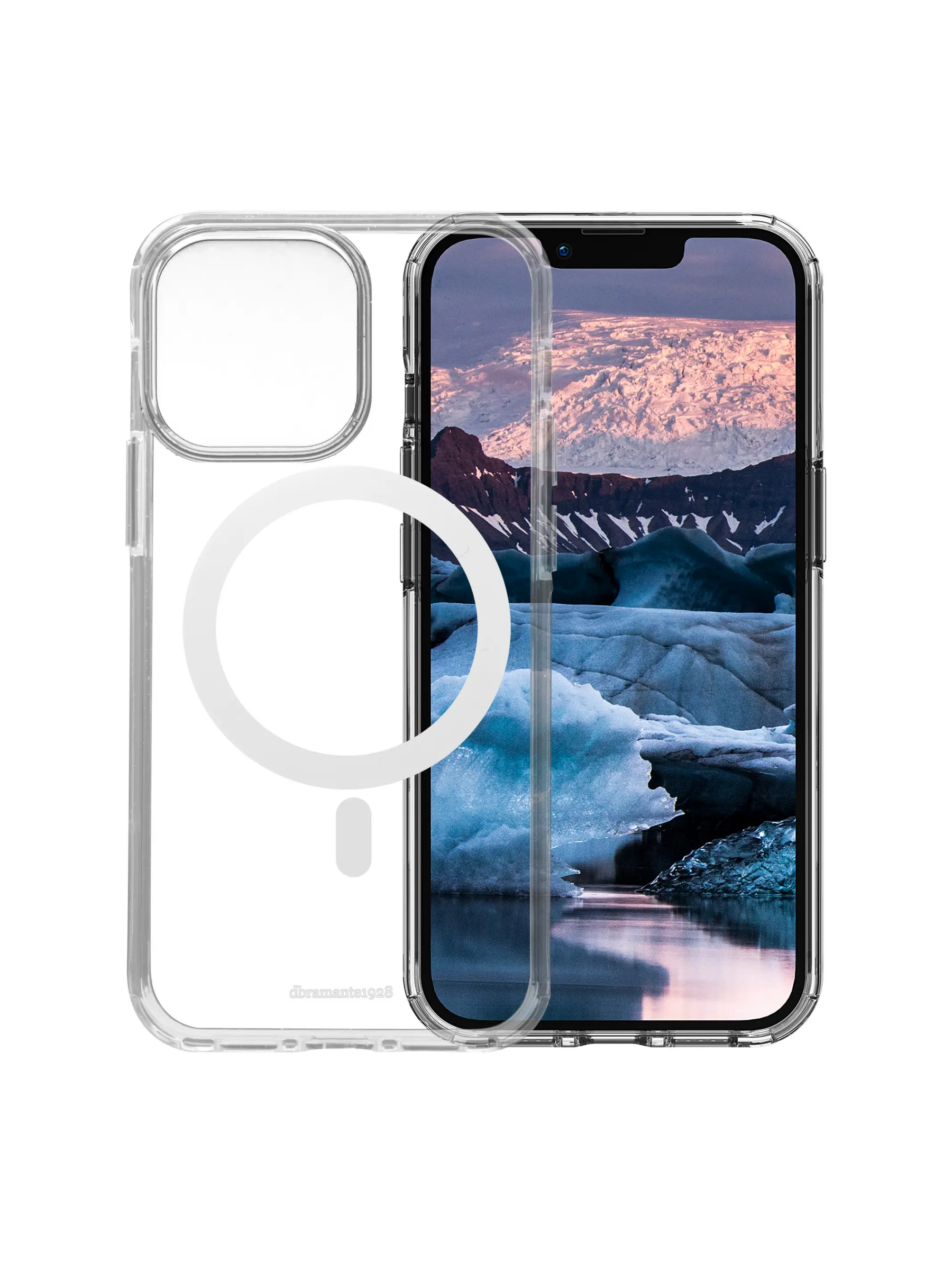 Gennemsigtigt mobilcover med bjergbillede på skærmen.