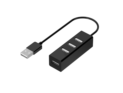 Sort USB-hub med fire porte.