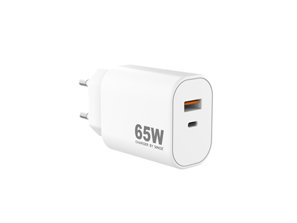 Hvid 65W USB-oplader.