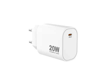 Hvid 20W opladeradapter.