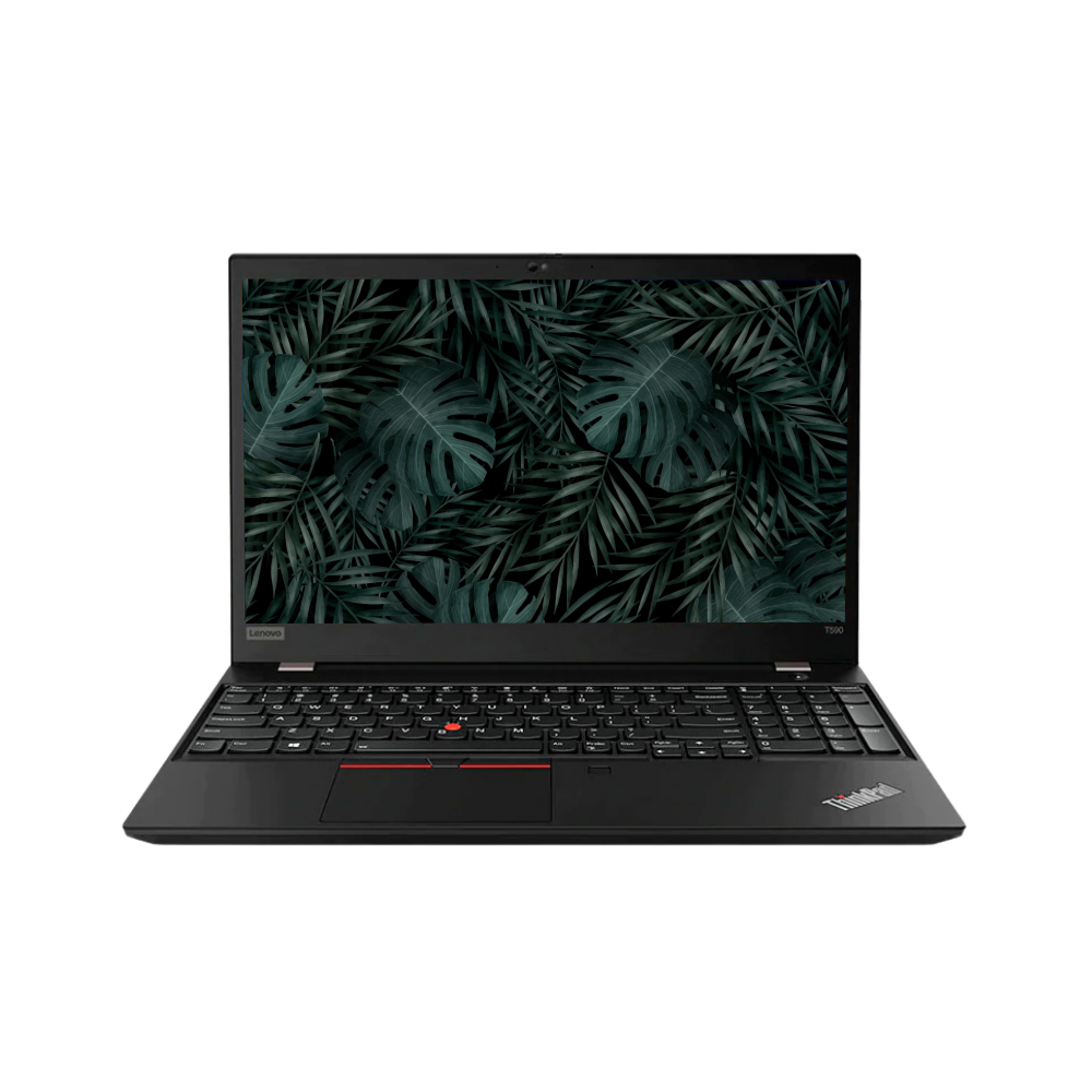 Lenovo bærbar med bladmotiv på skærmen.