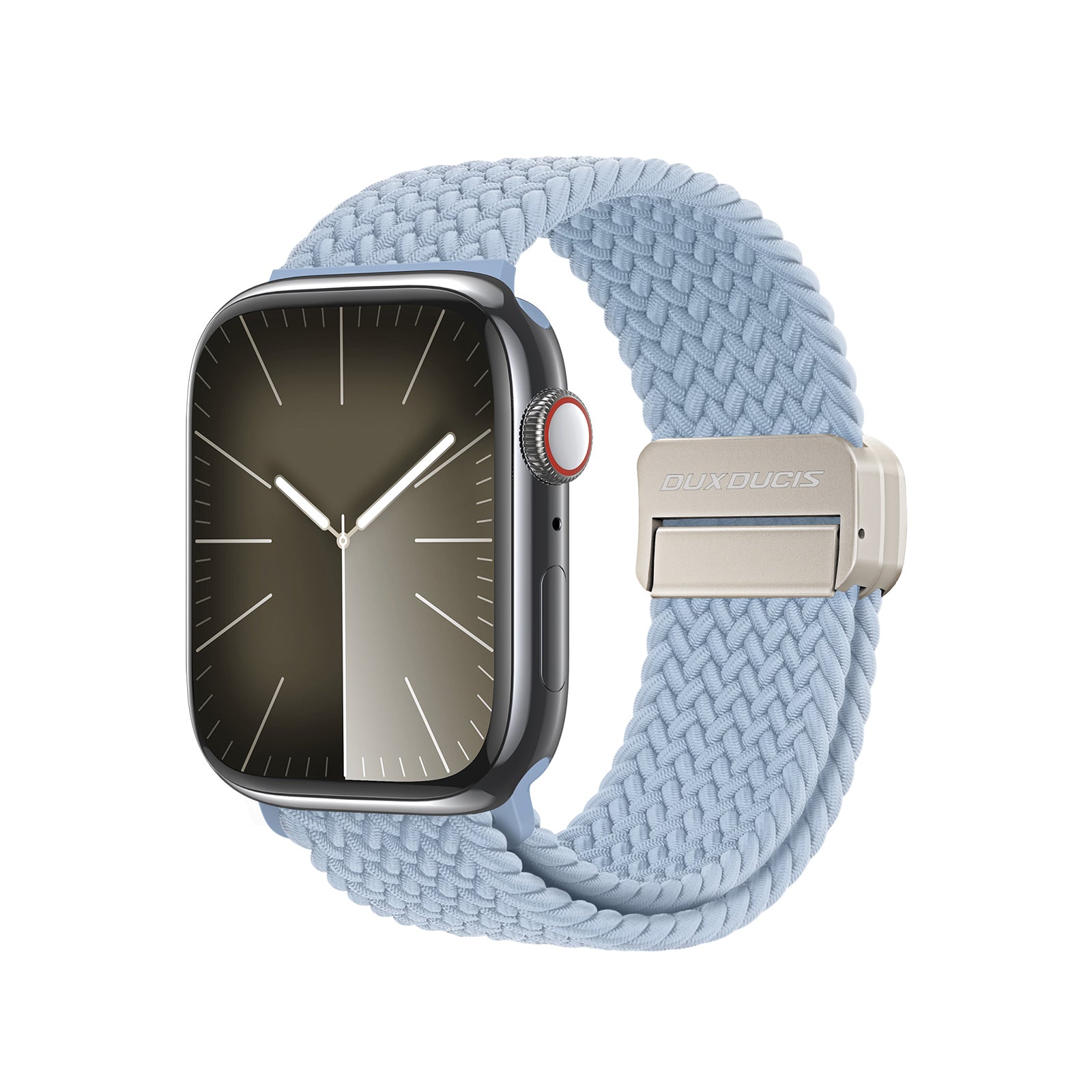 Smartwatch med lyseblåt flettet armbånd.