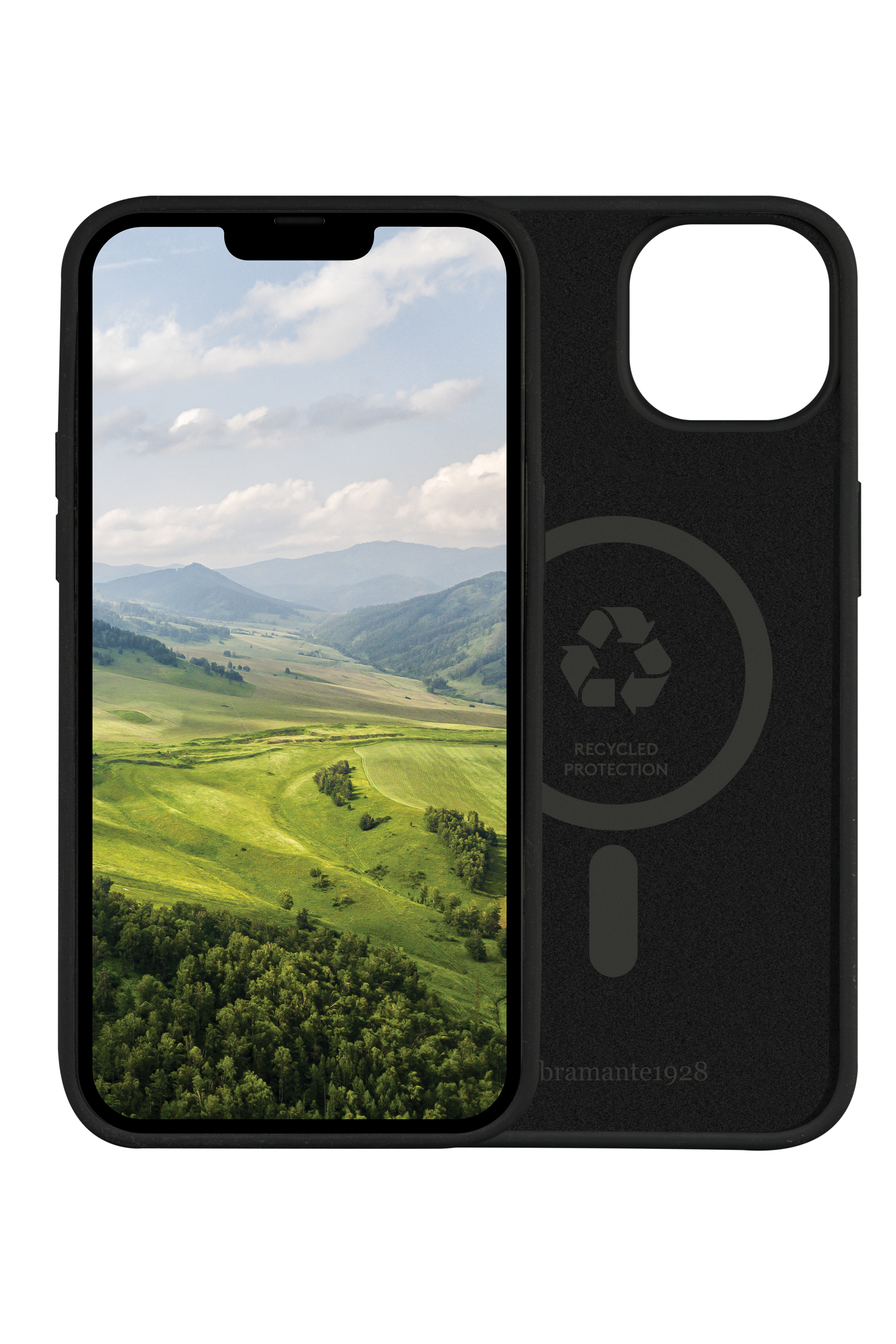 Sort telefoncover med landskabsbillede.