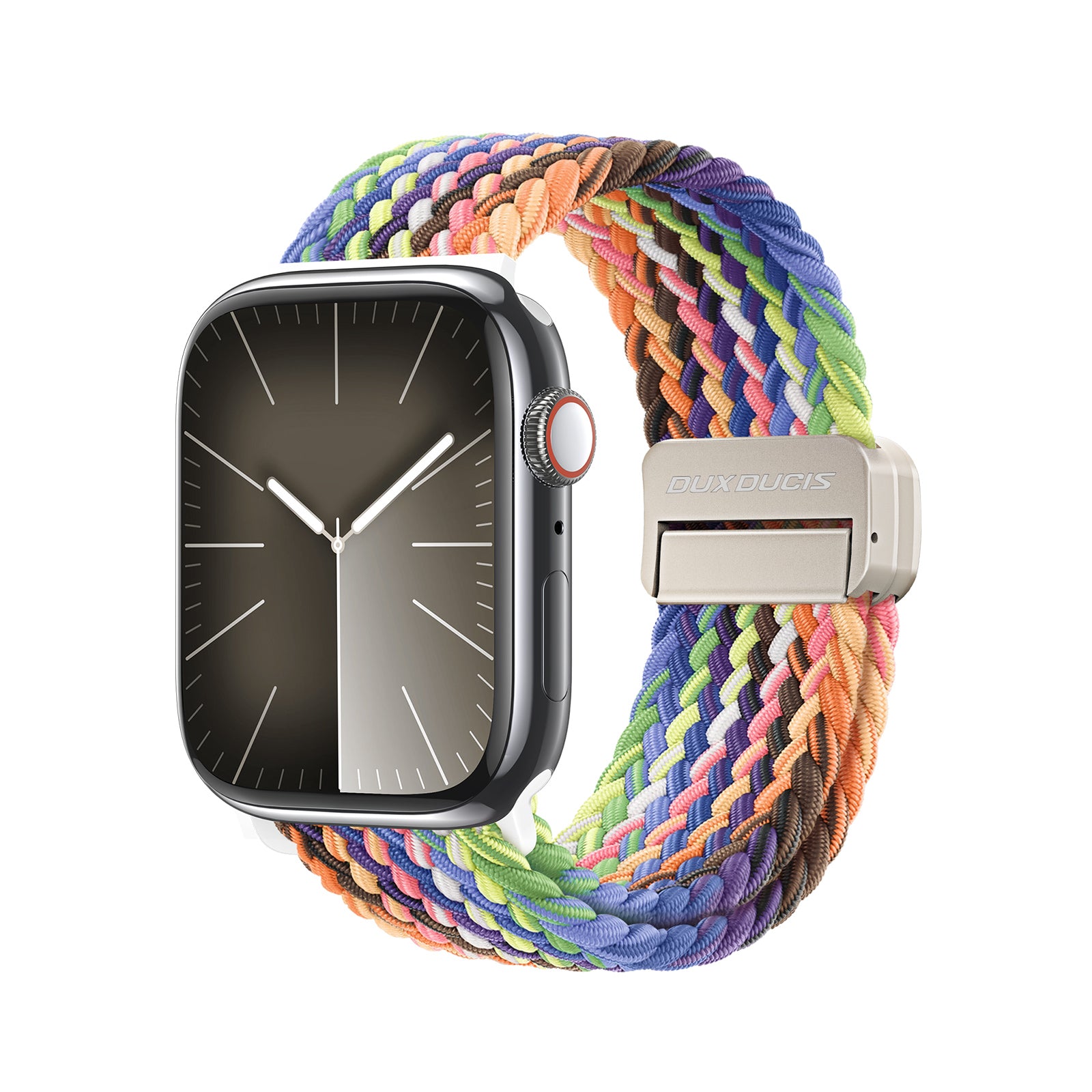 Smartwatch med flerfarvet rem.