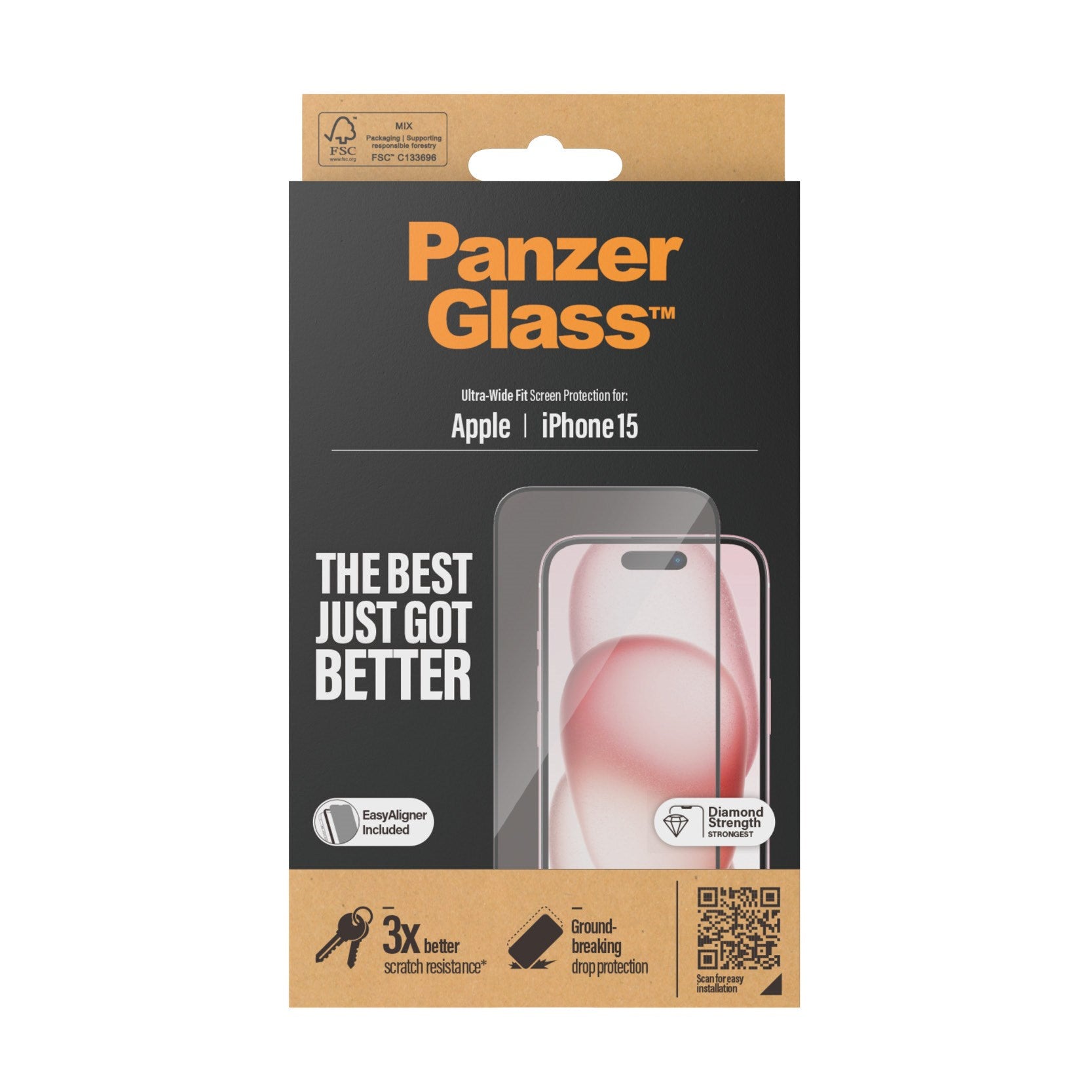 PanzerGlass skærmbeskytter til iPhone 15 emballage.