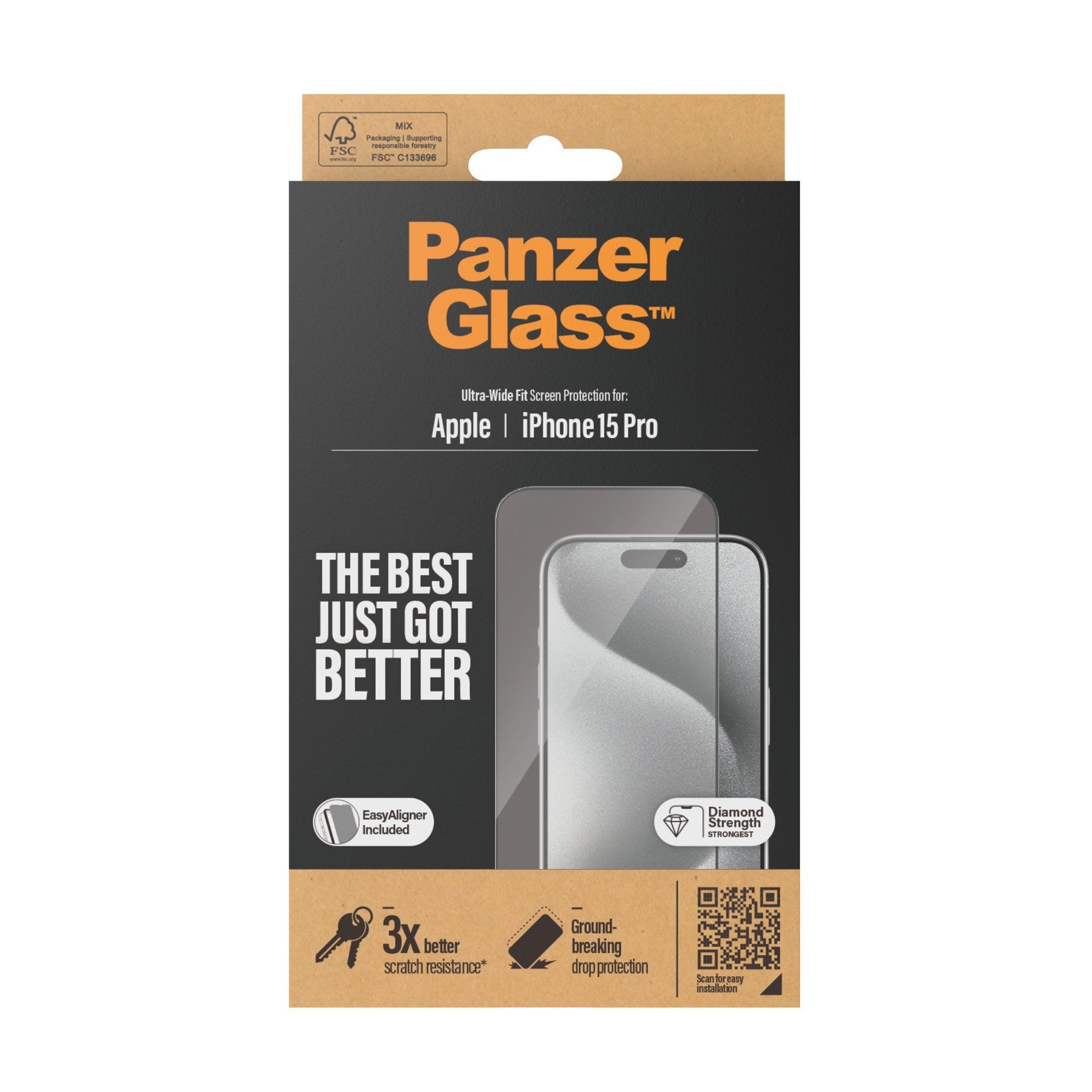 PanzerGlass emballage til iPhone 15 Pro.