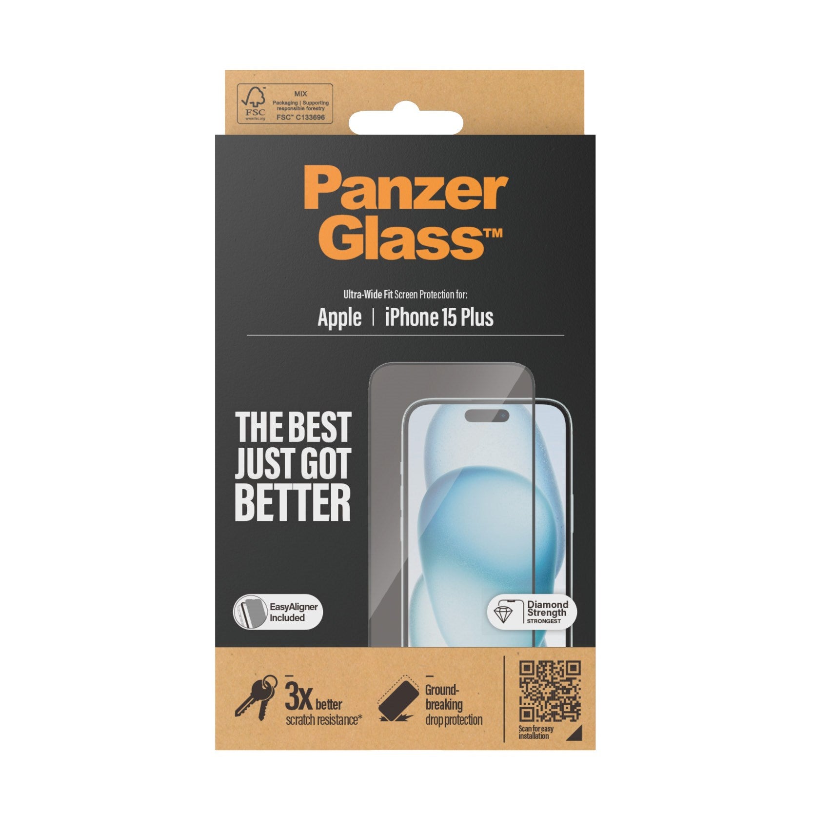PanzerGlass emballage til iPhone 15 Plus.