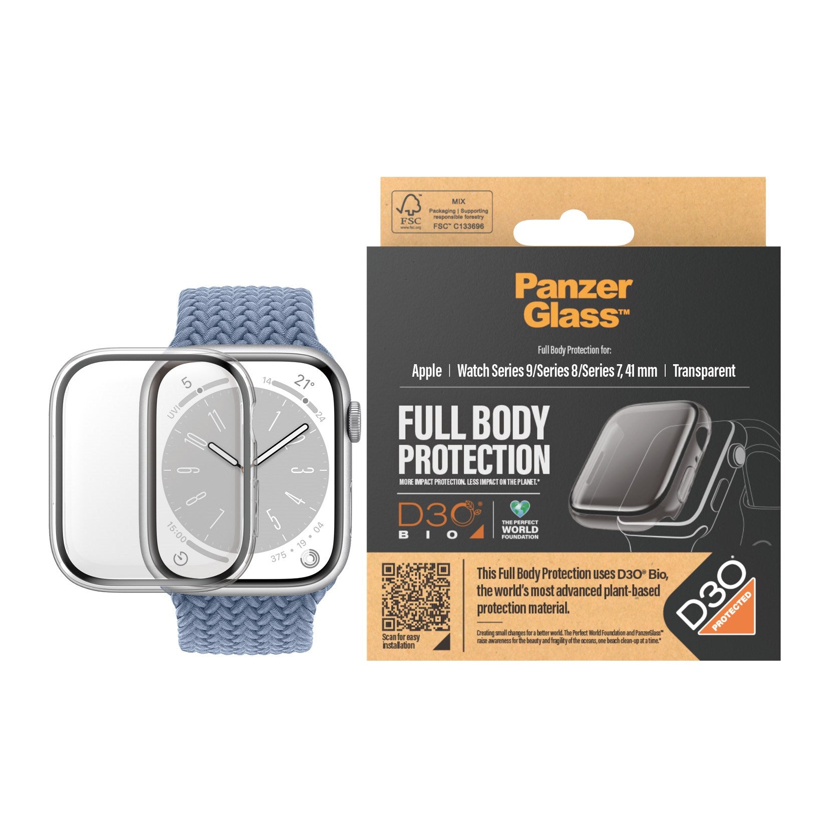 Smartwatch med skærmbeskyttelse og emballage.