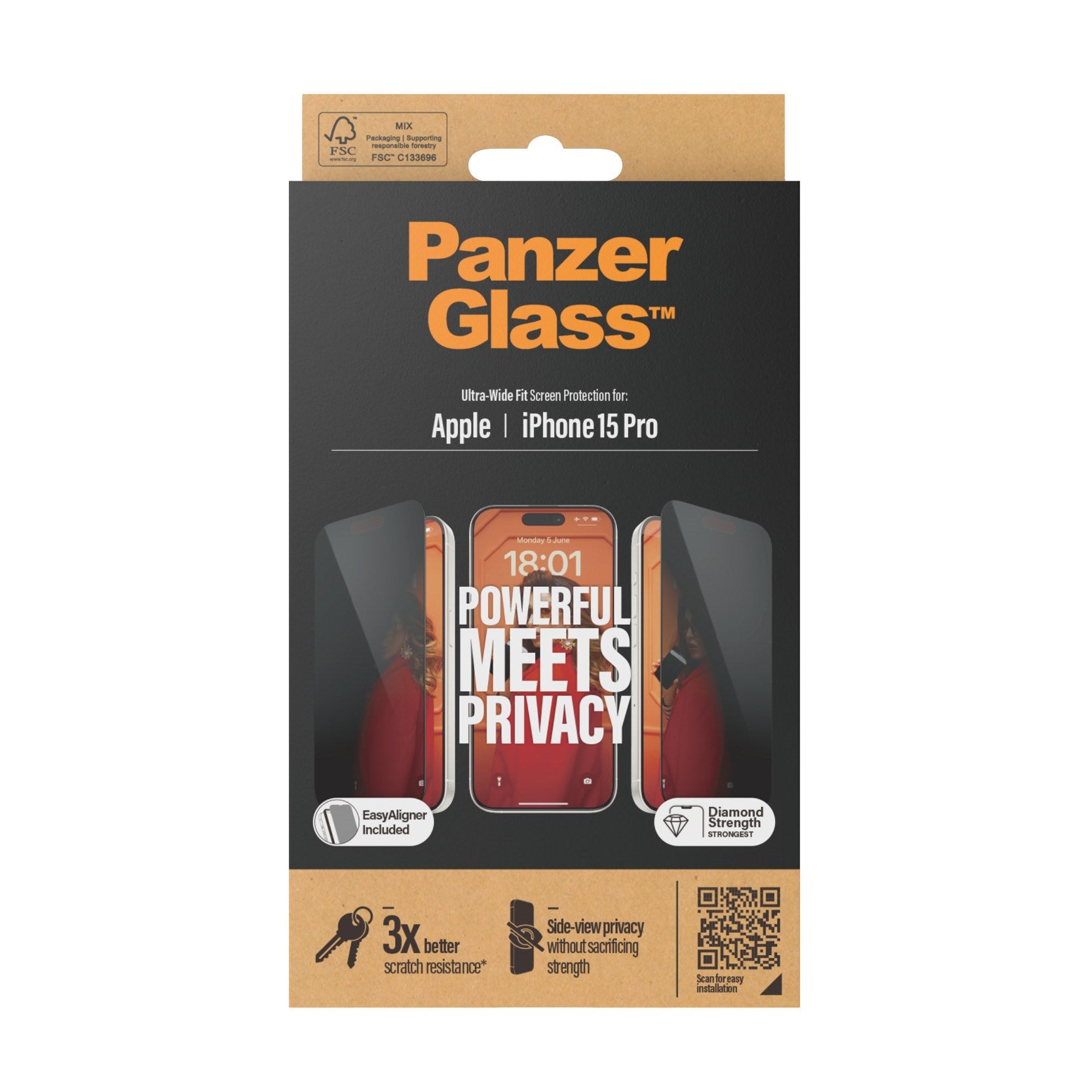 PanzerGlass skærmbeskytter til iPhone 15 Pro emballage.