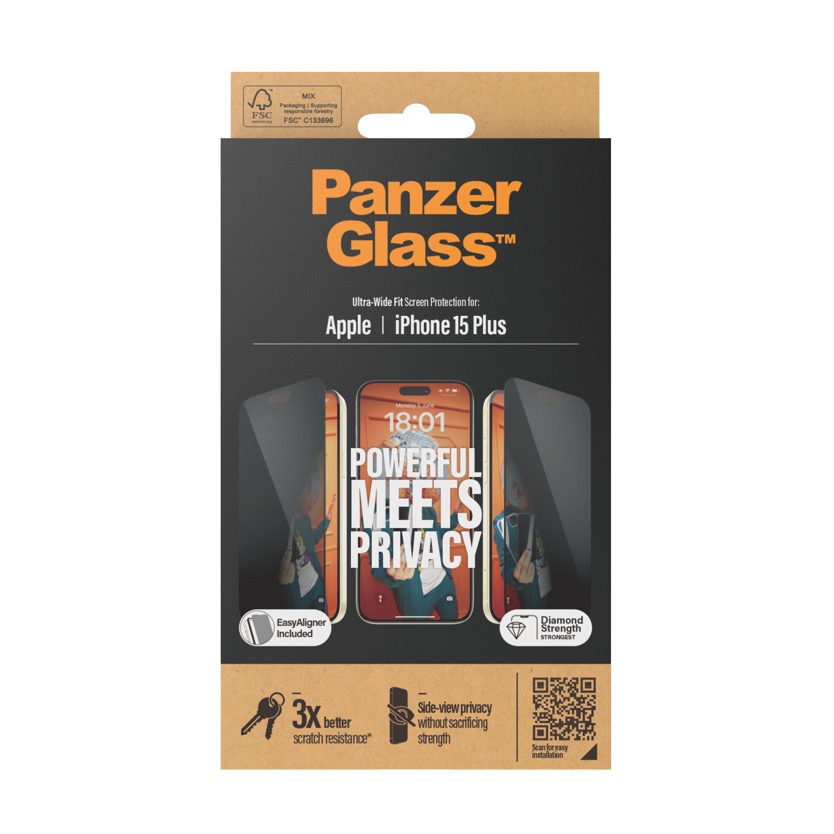 Emballage til PanzerGlass skærmbeskyttelse til iPhone 15 Plus.