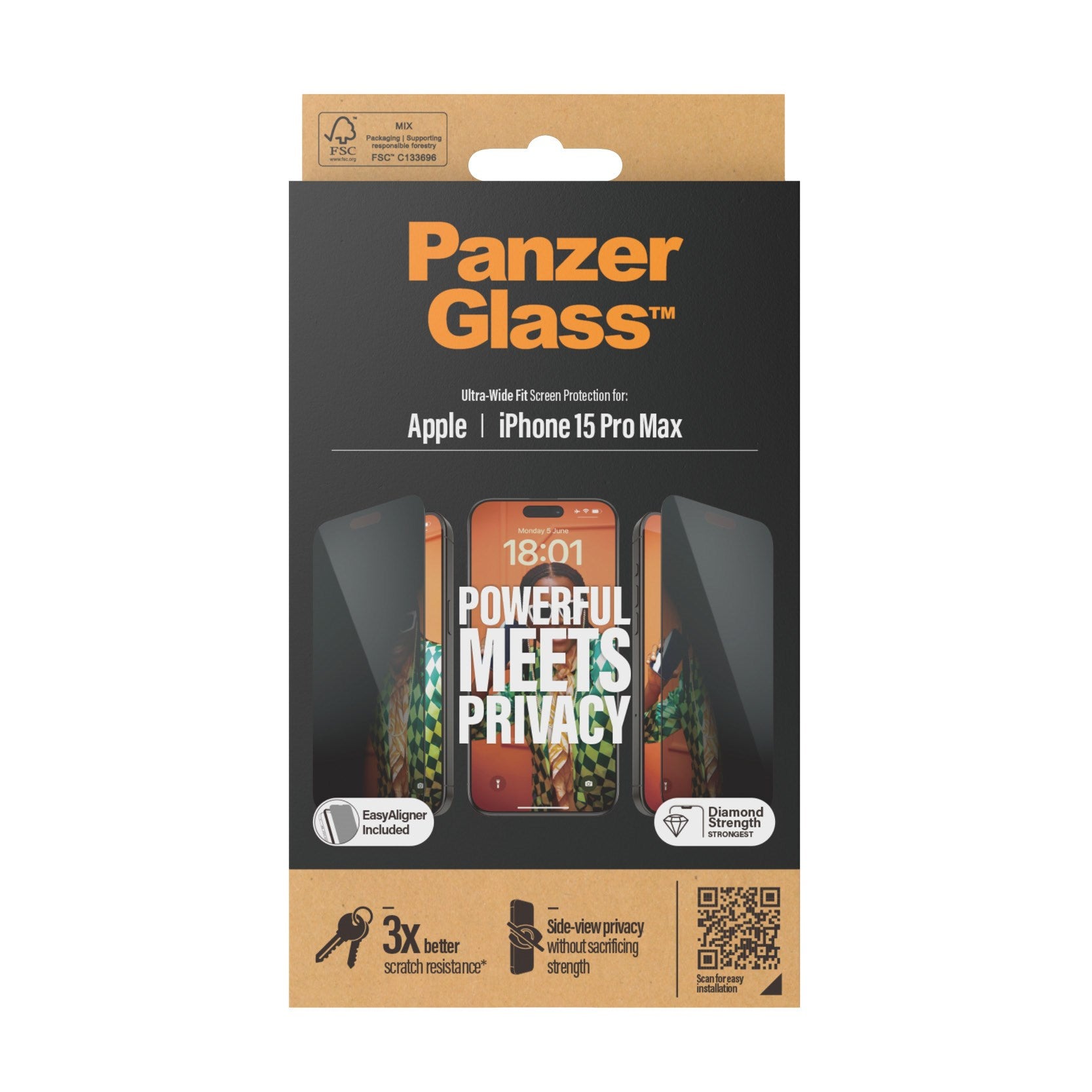 PanzerGlass skærmbeskytter til iPhone 15 Pro Max emballage.