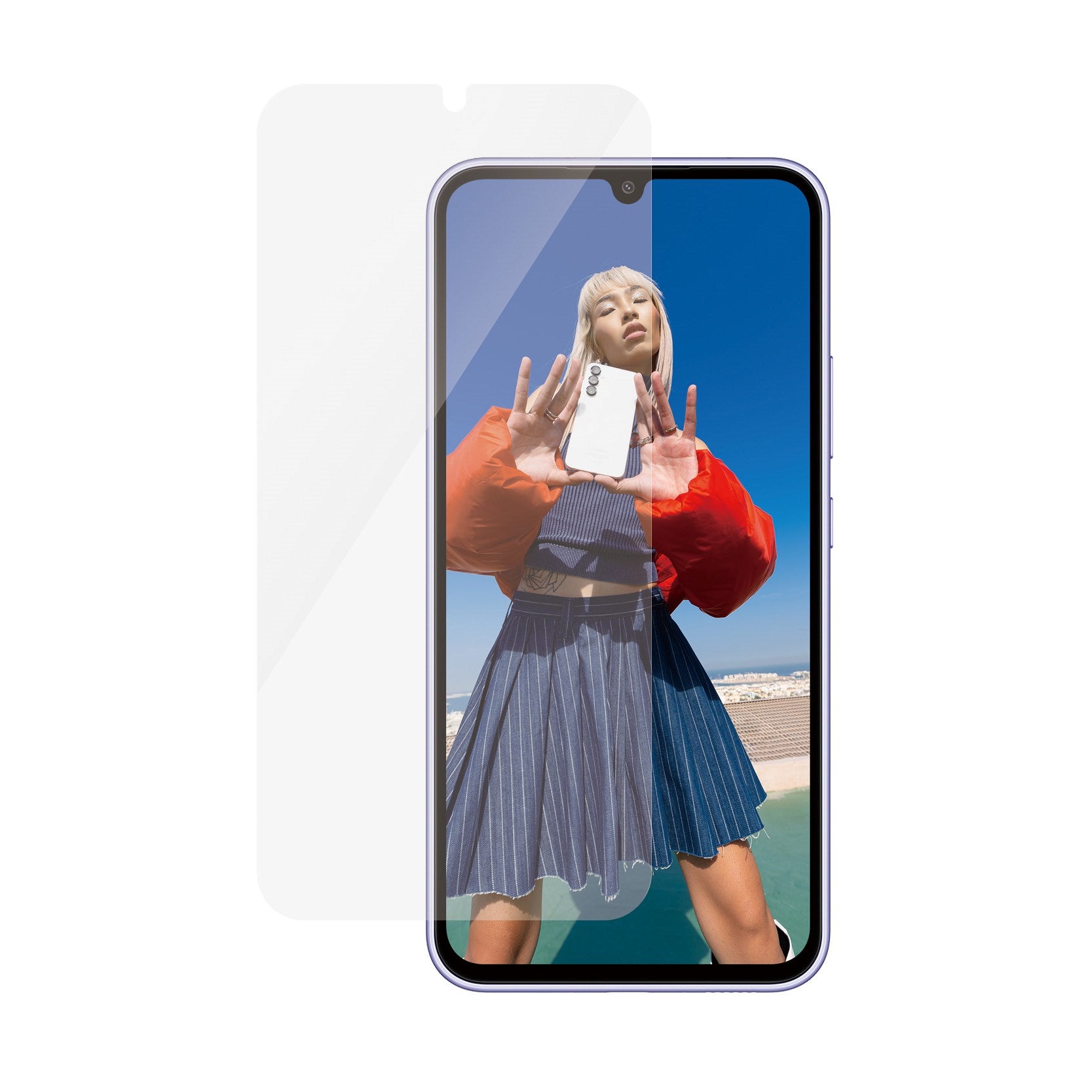 Smartphone with screen protector and woman posing.