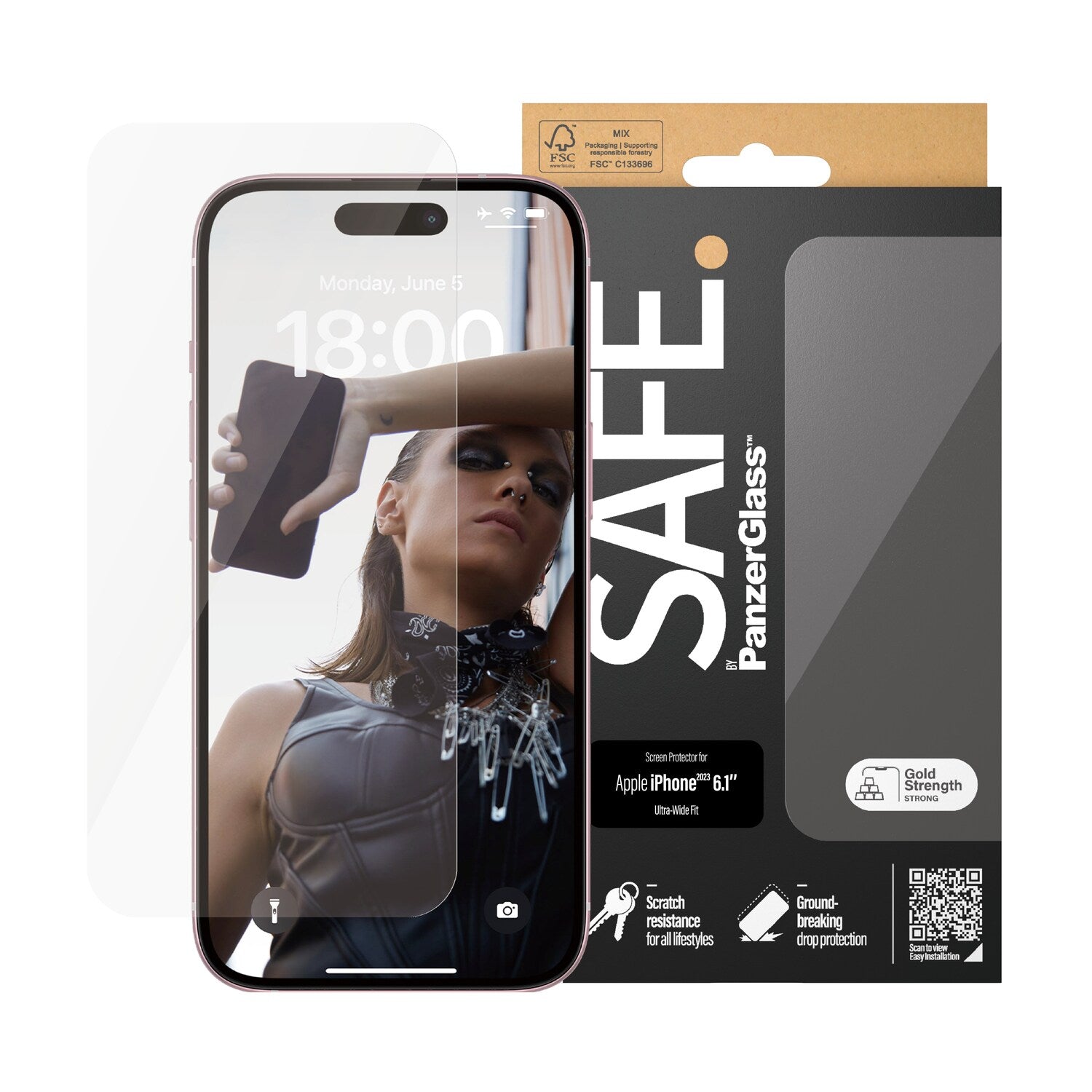 Panserglas til iPhone med emballage.