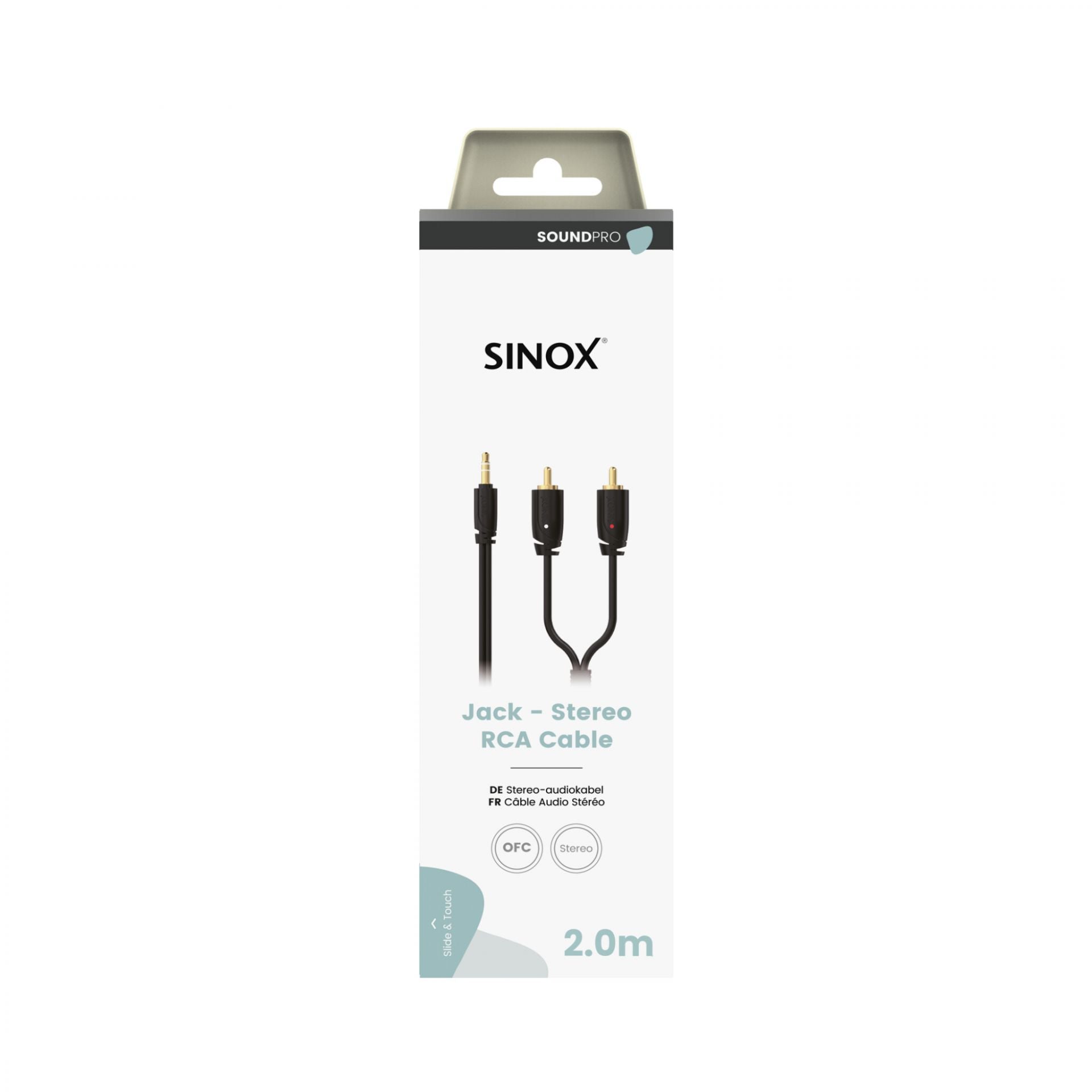 Emballage til Sinox jack til stereo RCA-kabel.