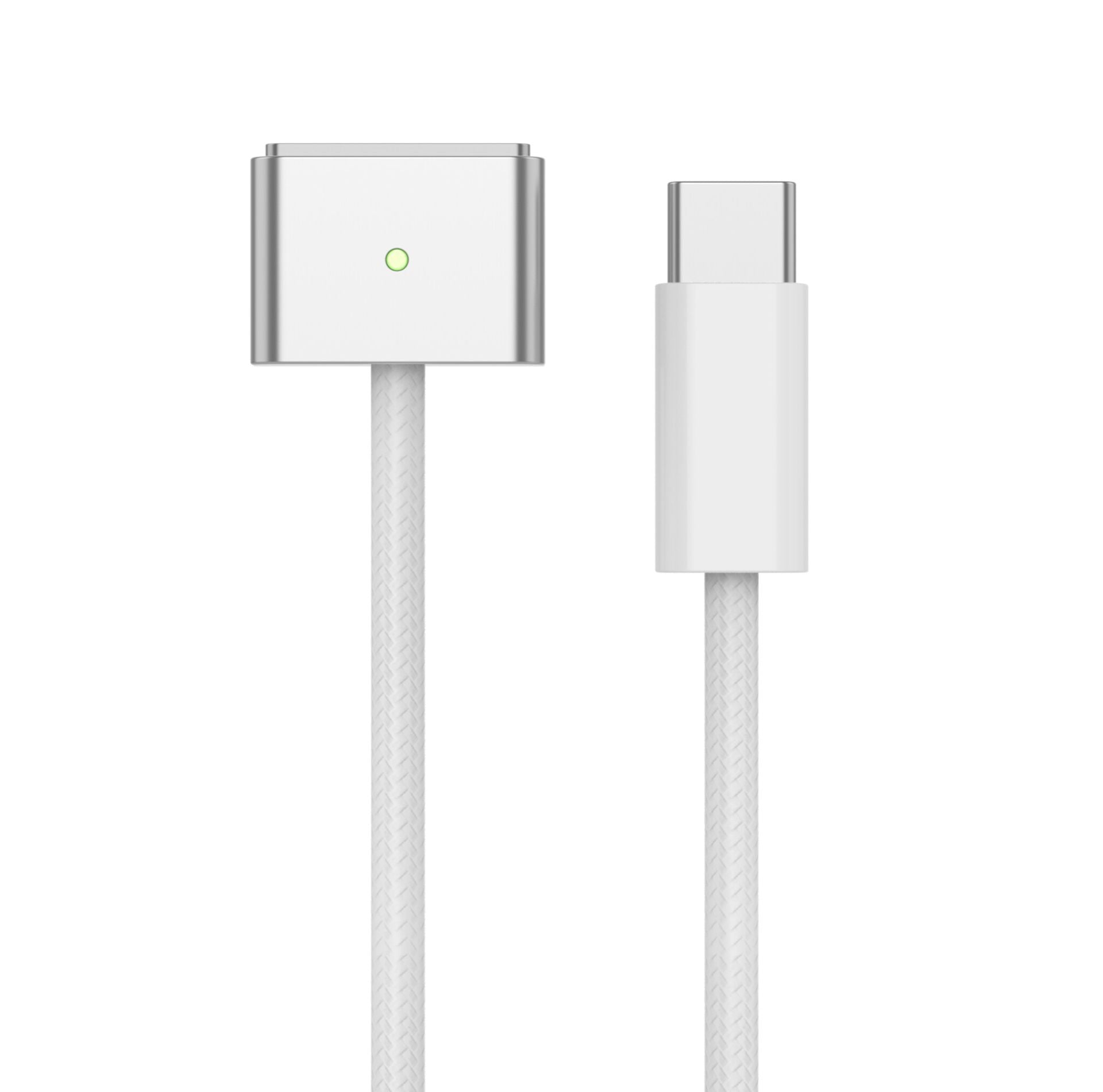 Hvid opladerkabel med USB-C og magnetisk stik.