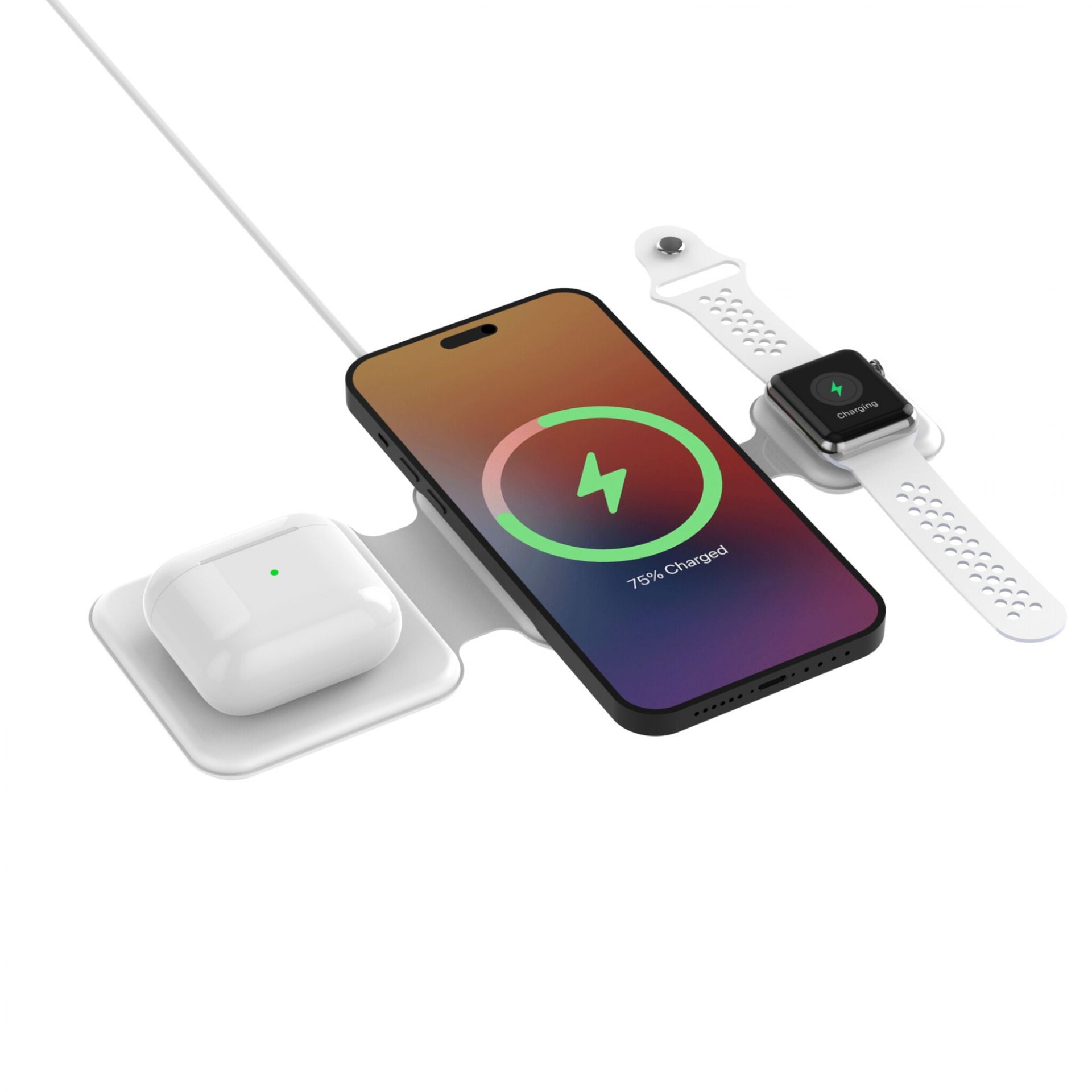 Trådløs oplader med telefon, ur og høretelefoner.