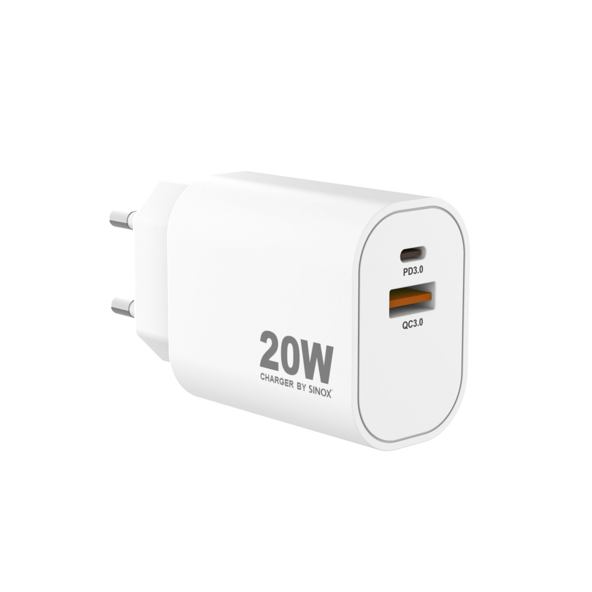 Hvid 20W vægoplader med USB-porte.