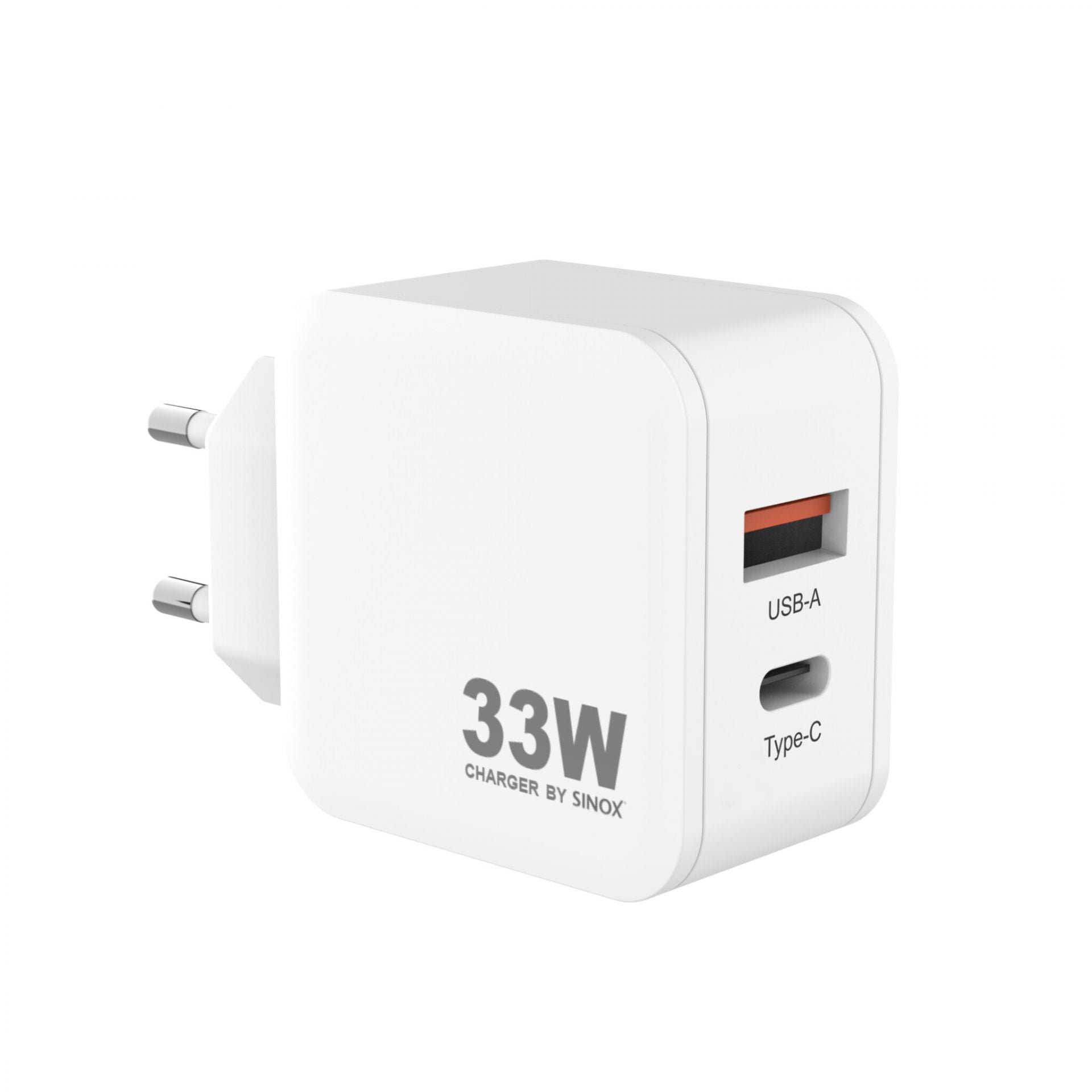 Hvid oplader med USB-A og Type-C porte.