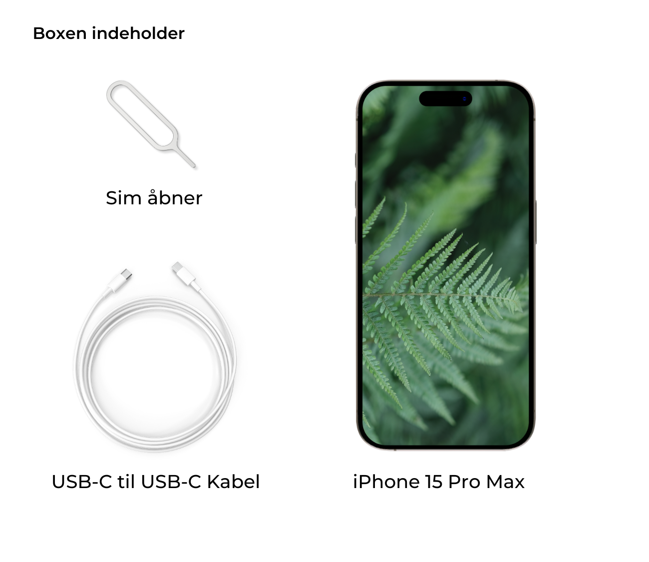 Smartphone med oplader og SIM-værktøj.