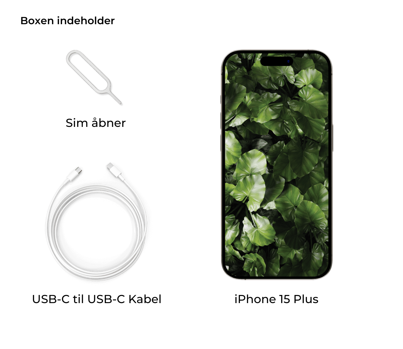 Smartphone med grønt bladmønster, opladerkabel og SIM-værktøj.