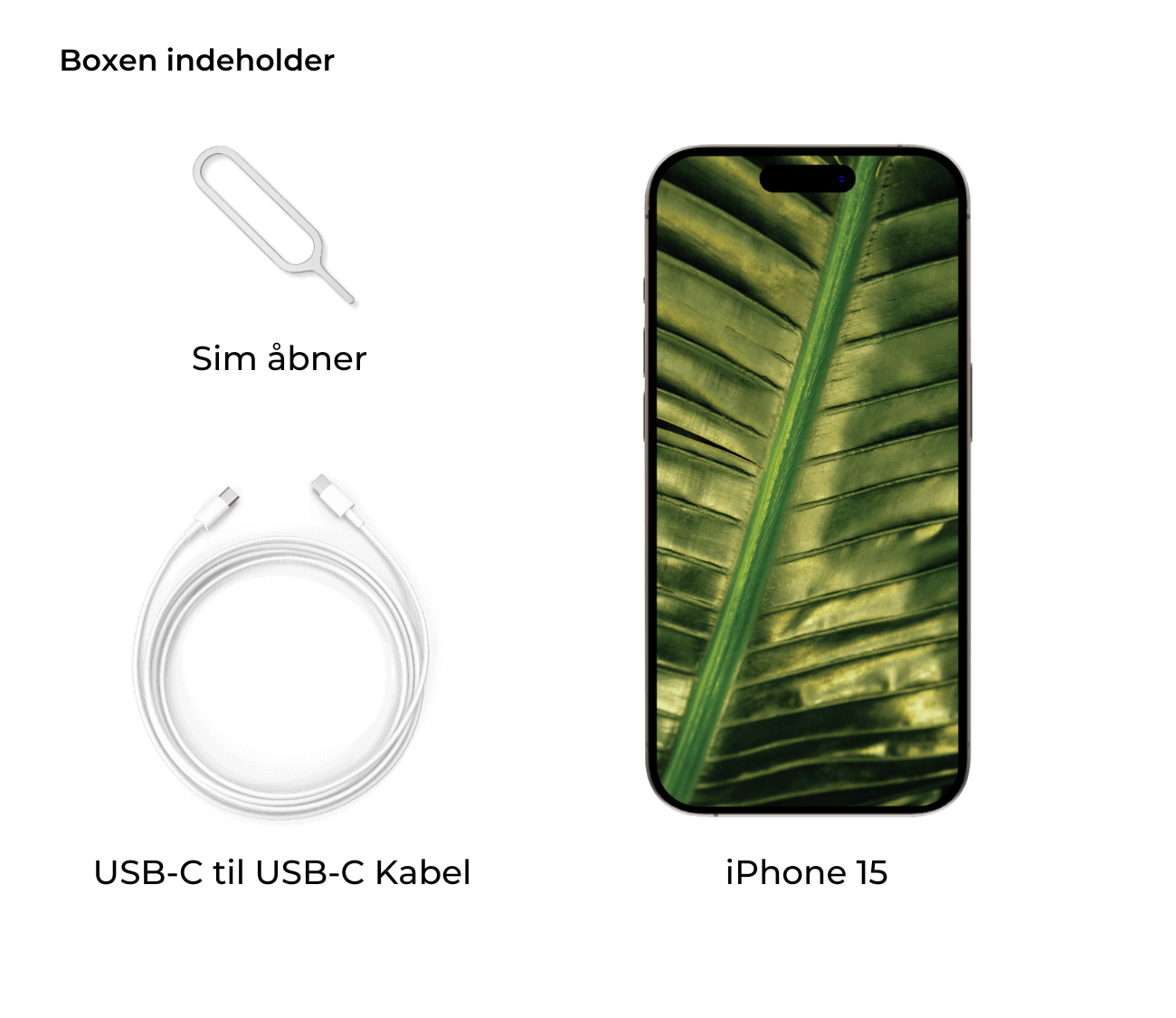 Smartphone med bladbaggrund, opladerkabel og SIM-værktøj.