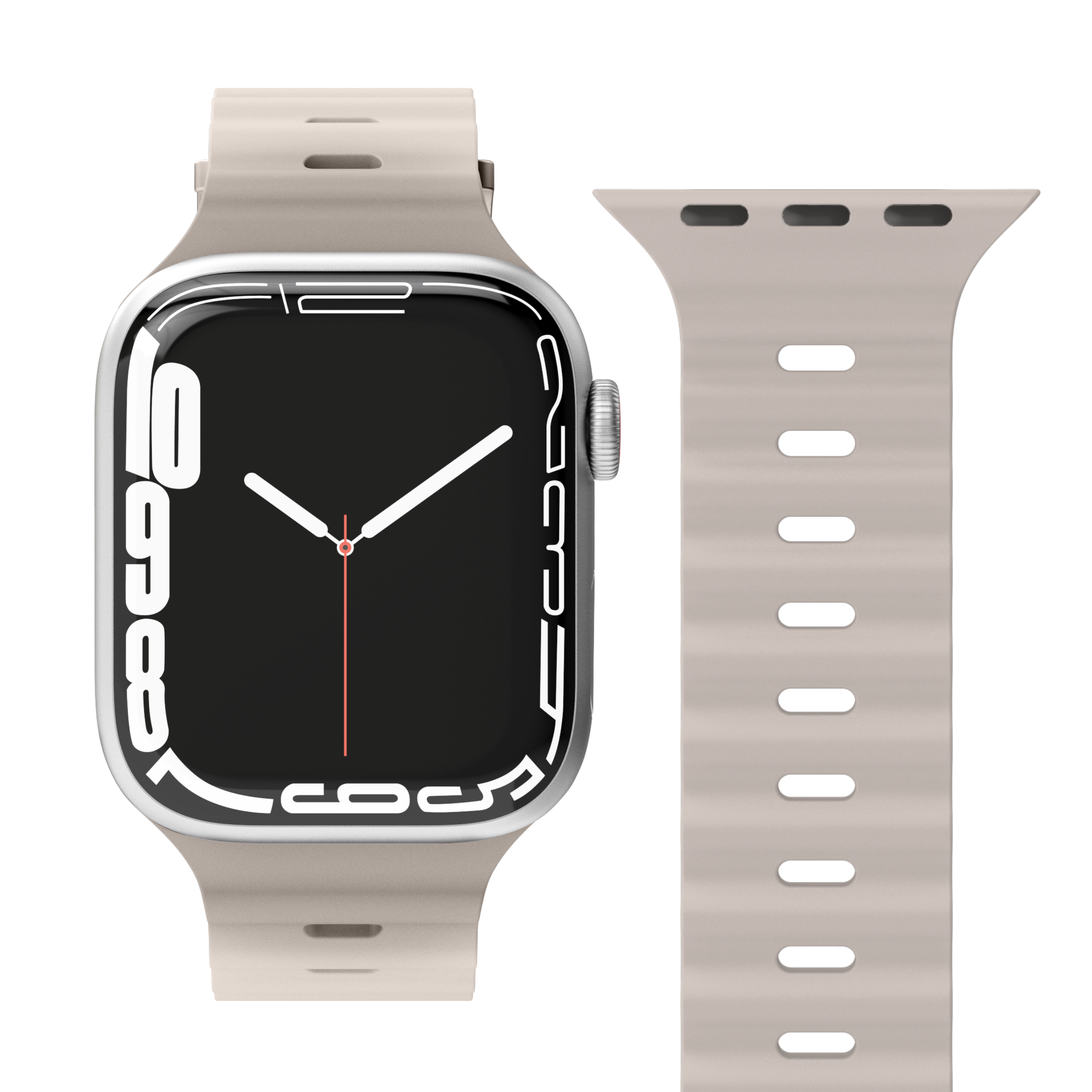 Beige smartwatch med sort urskive.