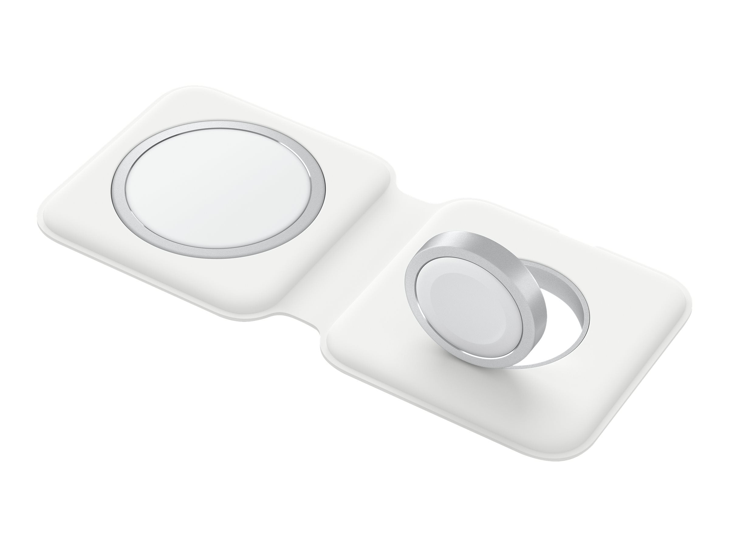 Hvid trådløs oplader med to runde plader.