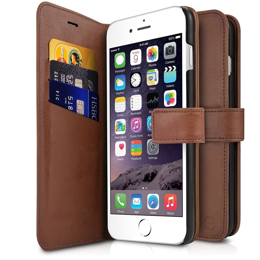 Brun læder iPhone-etui med kortlommer.