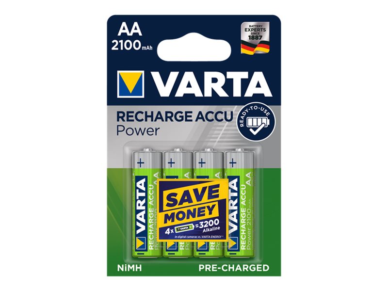 VARTA genopladelige AA-batterier i emballage.