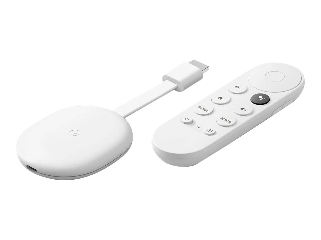 Hvid streaming-enhed og fjernbetjening.