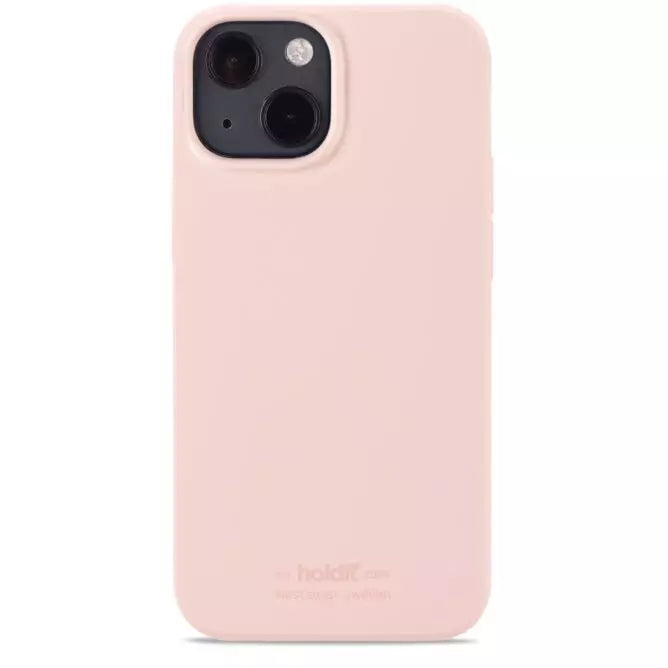 Lyserød mobiltelefon med cover.